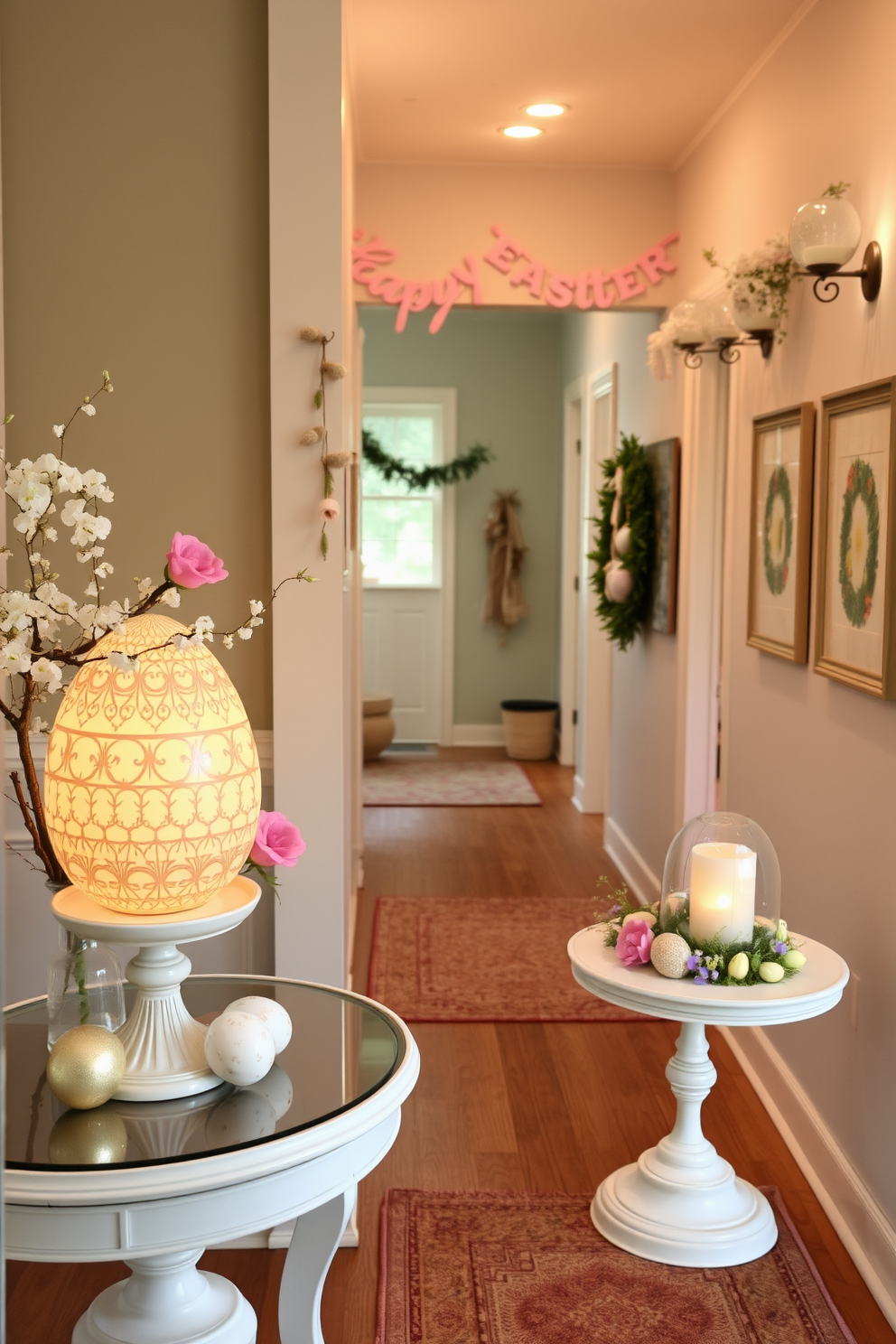 Charming egg-shaped decor is elegantly arranged on tables, featuring pastel colors and intricate patterns that enhance the festive atmosphere. The decor includes delicate floral accents and soft lighting, creating a warm and inviting space for Easter celebrations. In the hallway, whimsical Easter decorations are displayed, incorporating garlands of eggs and spring flowers. The walls are adorned with cheerful artwork, and a welcoming rug adds a cozy touch to the festive ambiance.