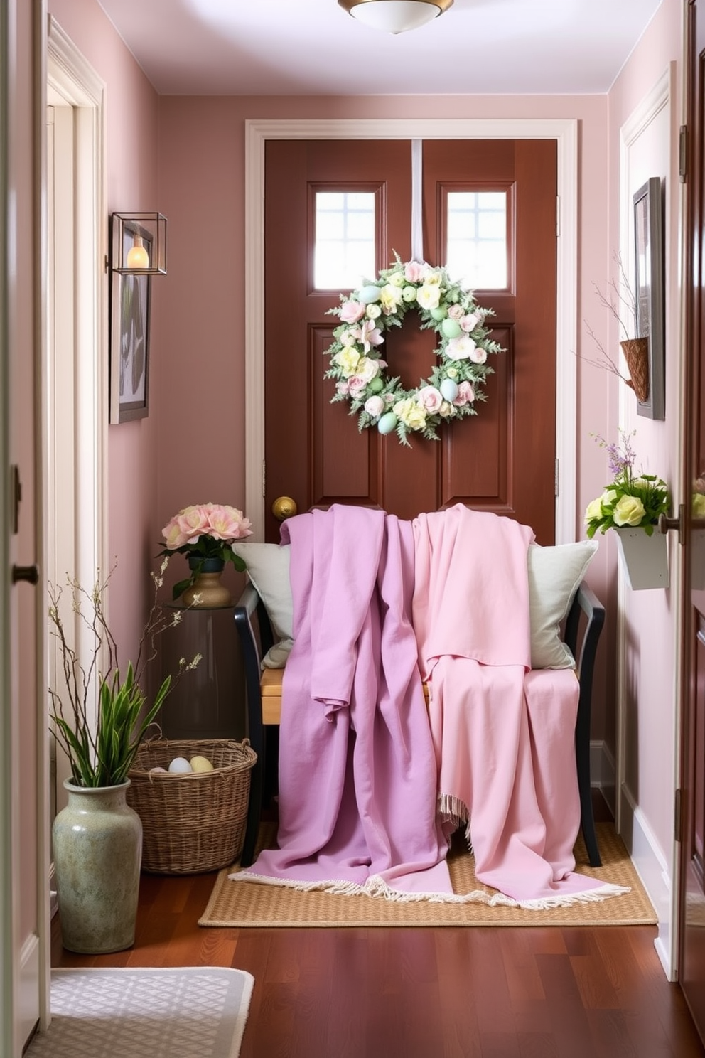 A cozy hallway adorned with pastel-colored throw blankets draped elegantly over a stylish bench. Soft hues of pink, lavender, and mint create a warm and inviting atmosphere, complemented by subtle decorative accents. Easter decorations bring a festive touch to the space, featuring pastel-colored eggs and cheerful floral arrangements. A charming wreath made of spring blooms hangs on the door, welcoming guests with seasonal cheer.