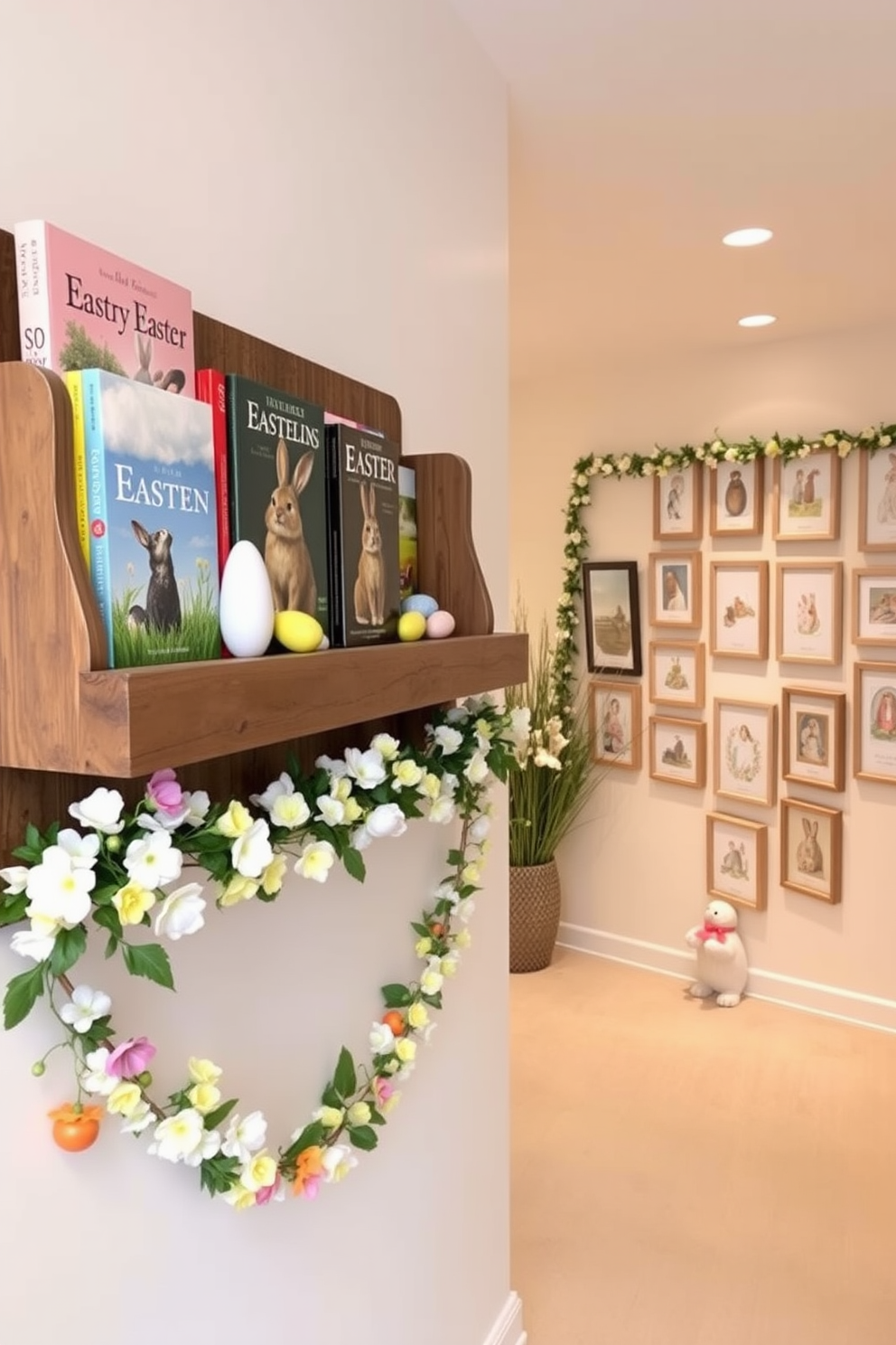 Easter-themed books are beautifully arranged on a rustic wooden shelf, showcasing vibrant covers and seasonal illustrations. The shelf is adorned with pastel-colored decorative eggs and small bunnies, creating a festive atmosphere. The hallway features a charming Easter display, with a garland of spring flowers draped along the walls. Soft lighting highlights a collection of framed Easter-themed artwork, inviting guests to enjoy the seasonal decor.