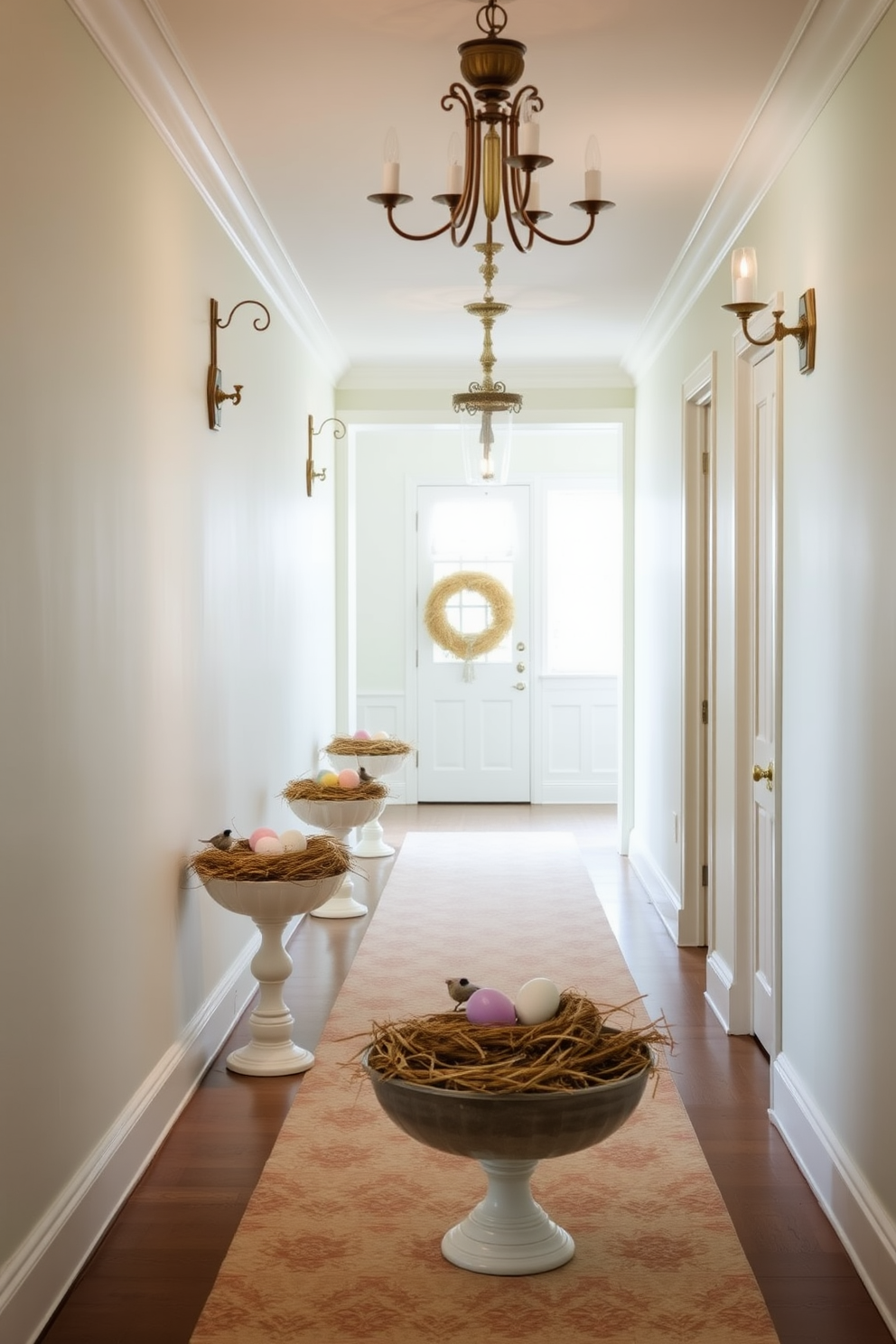 A serene hallway adorned with decorative bowls containing bird nests and eggs, creating a charming Easter ambiance. Soft pastel colors dominate the space, enhancing the festive mood while elegant lighting fixtures provide a warm glow.