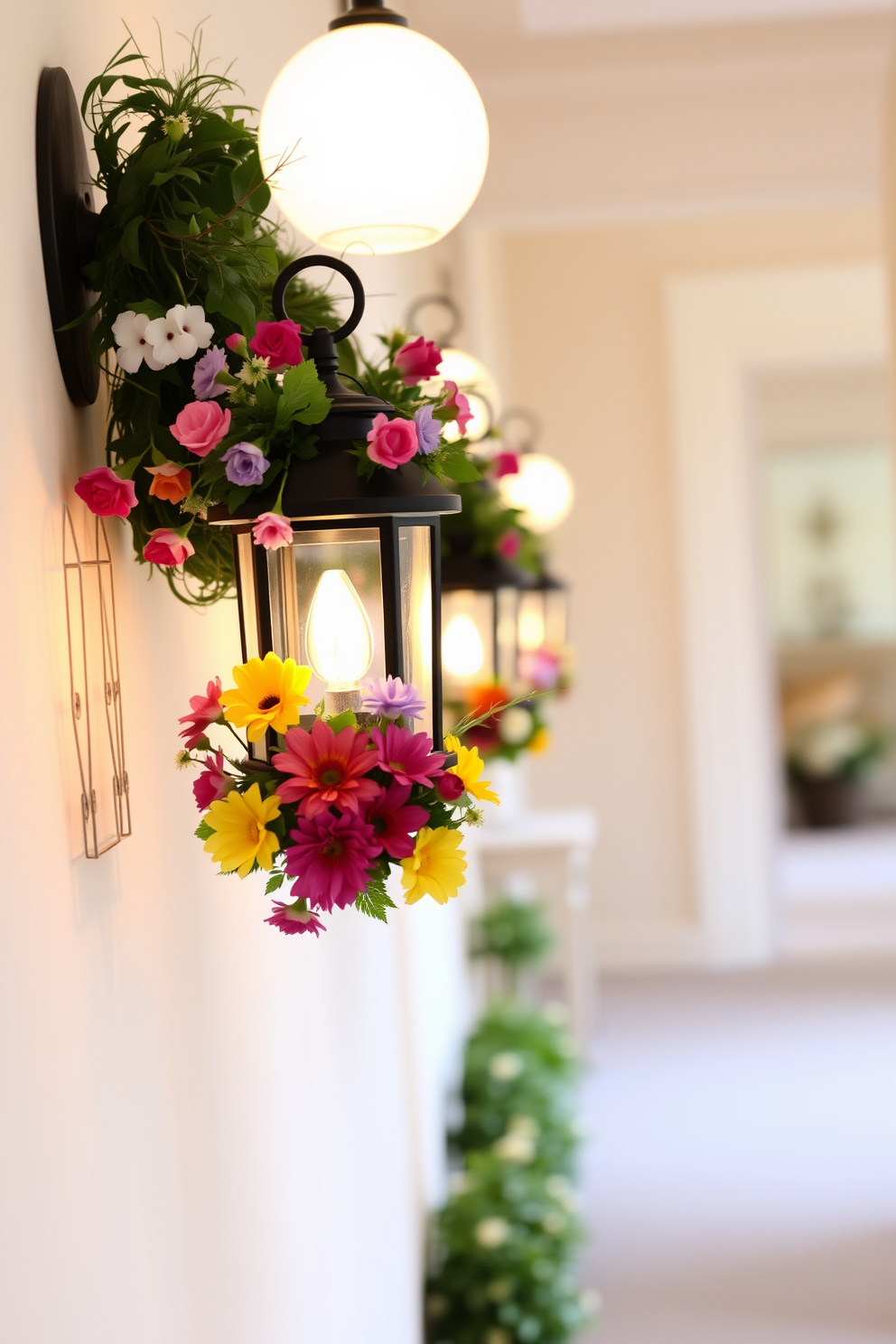 Charming lanterns adorned with vibrant spring florals are placed along a softly lit hallway. The walls are painted in a light pastel hue, creating a warm and inviting atmosphere perfect for Easter celebrations.