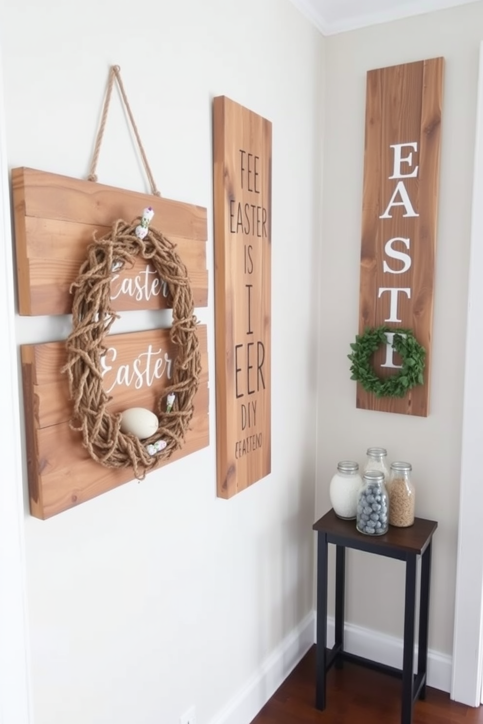 A bright and inviting hallway adorned with potted plants of various sizes. Each plant is accompanied by a decorative tag featuring cheerful Easter messages and designs. The walls are painted in a soft pastel hue, creating a warm atmosphere. A subtle garland of Easter-themed decorations hangs above, adding a festive touch to the space.