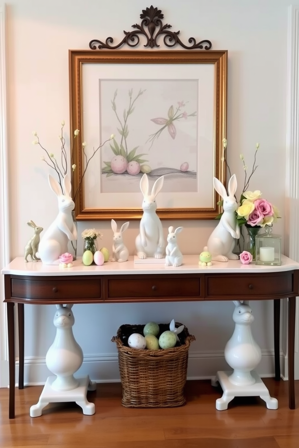 A stylish hallway features a sleek console table adorned with charming bunny figurines in various poses. The backdrop is painted in a soft pastel hue, enhancing the festive atmosphere of Easter decorations.