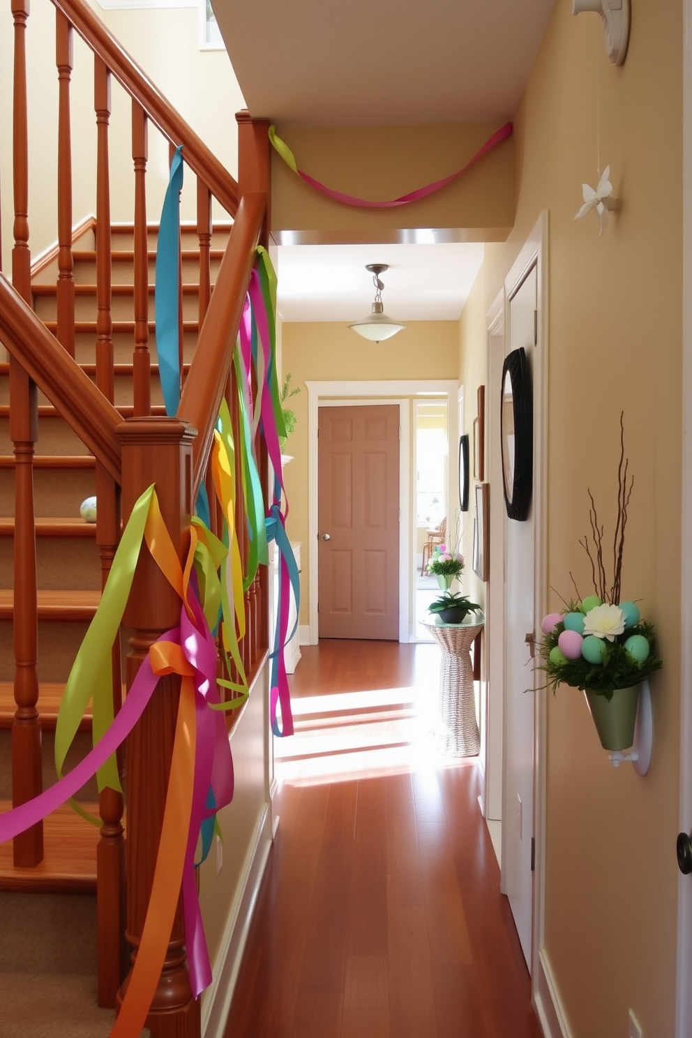 Colorful ribbons elegantly drape around the wooden stair railings, creating a festive atmosphere. The vibrant hues of the ribbons complement the warm tones of the wood, adding a cheerful touch to the space. The hallway is adorned with Easter-themed decorations, featuring pastel-colored eggs and floral arrangements. Soft lighting enhances the inviting ambiance, making it a delightful entryway for guests.