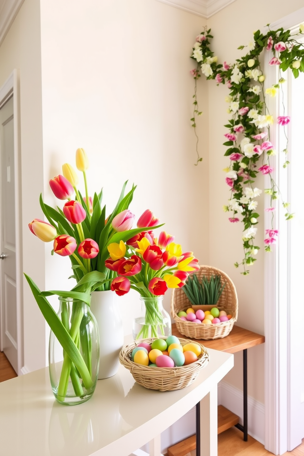 Fresh tulips in decorative vases are arranged elegantly on a console table in a bright hallway. The vibrant colors of the flowers contrast beautifully with the soft pastel walls, creating a welcoming atmosphere. For Easter decorating ideas, colorful eggs are artfully displayed in a woven basket placed on a side table. Delicate garlands of spring flowers are draped along the walls, adding a festive touch to the space.