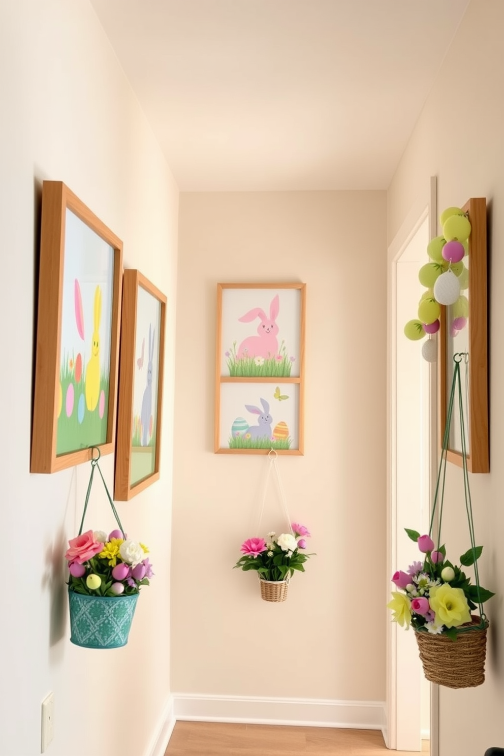 Spring flowers in cheerful arrangements fill the hallway with vibrant colors and fresh scents. Delicate tulips, daffodils, and hyacinths are artfully placed in charming vases along the walls, creating a welcoming atmosphere. Easter decorations add a festive touch to the space. Colorful eggs and playful bunnies are thoughtfully arranged on shelves, enhancing the joyful ambiance of the hallway.