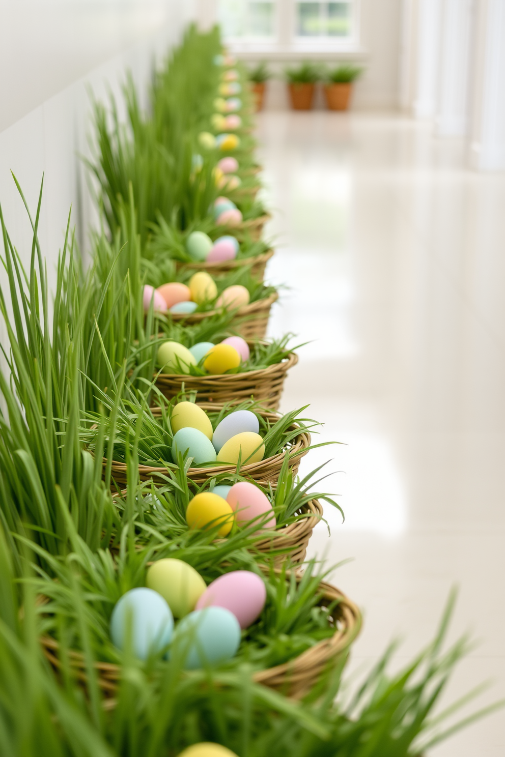 Decorative baskets filled with grass are arranged along a bright and airy hallway. Each basket features a variety of pastel-colored eggs nestled among the grass, creating a festive and inviting atmosphere.