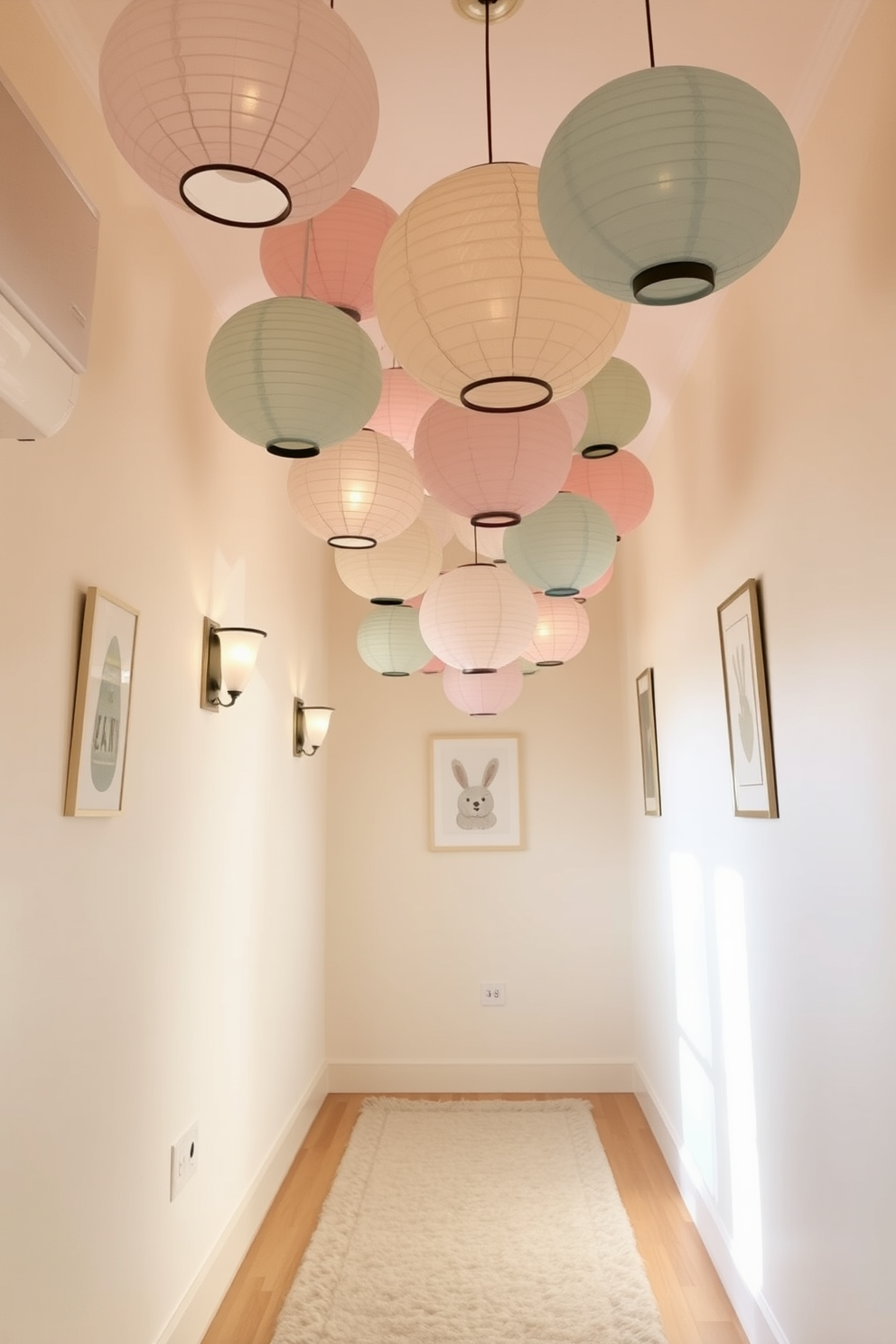 A charming hallway adorned with hanging paper lanterns in soft pastel colors. The walls are decorated with subtle Easter-themed artwork, and a soft rug runs along the floor, creating a warm and inviting atmosphere.