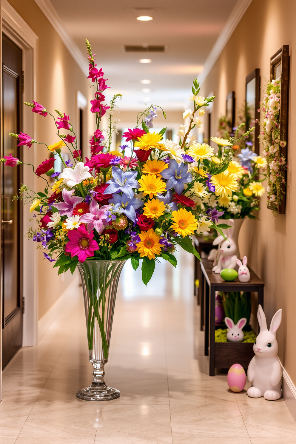 Floral arrangements featuring vibrant spring blooms are artfully arranged in elegant vases. The colors of the flowers complement the soft pastel tones of the hallway, creating a cheerful and inviting atmosphere. Easter decorations adorn the hallway with playful touches such as bunny figurines and colorful eggs. Soft, warm lighting enhances the festive spirit, making the space feel welcoming for guests.