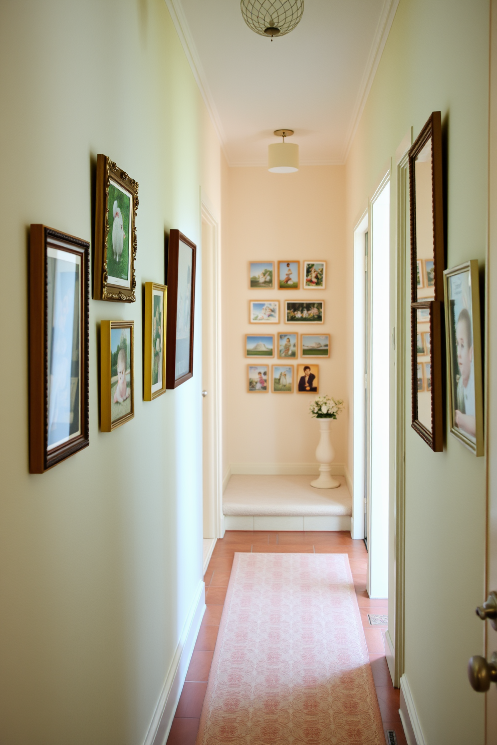 A serene hallway adorned with soft pastel cushions placed on a stylish wooden bench. The walls are decorated with subtle Easter-themed accents, featuring delicate floral arrangements and pastel-colored artwork.