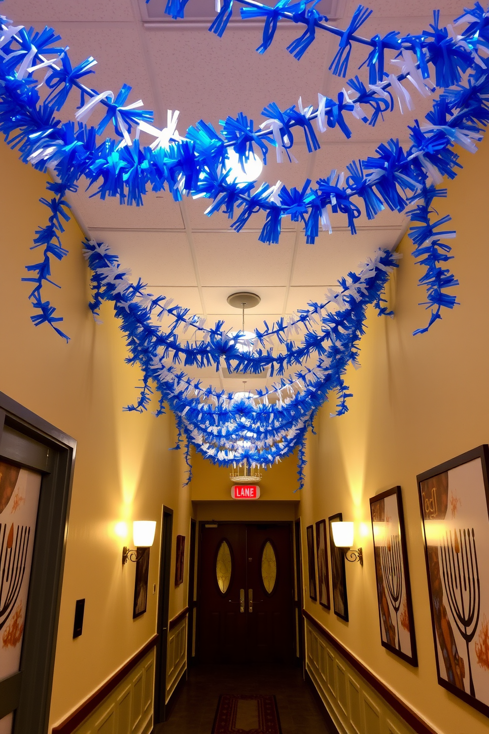 A festive hallway adorned with blue and white garlands that drape elegantly from the ceiling. The walls are decorated with Hanukkah-themed artwork, creating a warm and inviting atmosphere for the celebration.