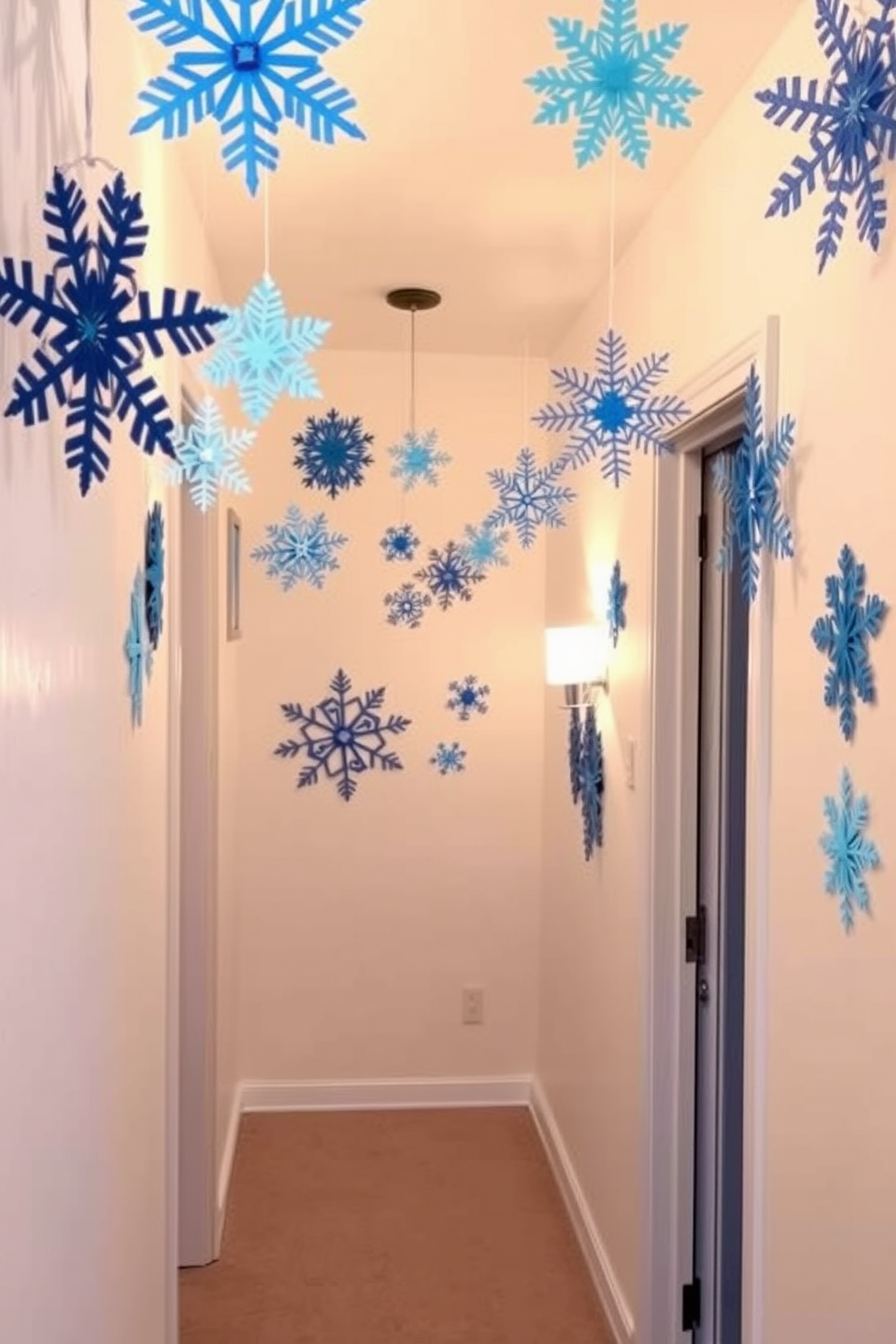 A cozy hallway adorned with DIY paper snowflakes in various shades of blue. The walls are painted in a soft white, creating a bright and inviting atmosphere for Hanukkah celebrations.