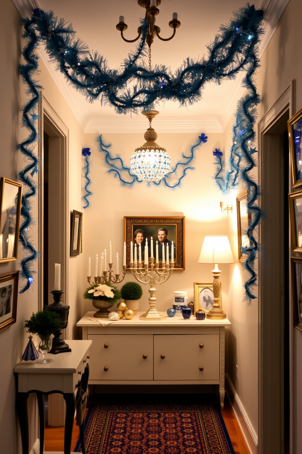 A charming hallway adorned with vintage Hanukkah decorations. Elegant blue and silver garlands drape from the ceiling, while traditional menorahs and dreidels are artfully arranged on a console table. The walls are lined with framed family photos celebrating past Hanukkah gatherings. Soft, warm lighting enhances the festive atmosphere, creating a welcoming space for holiday guests.