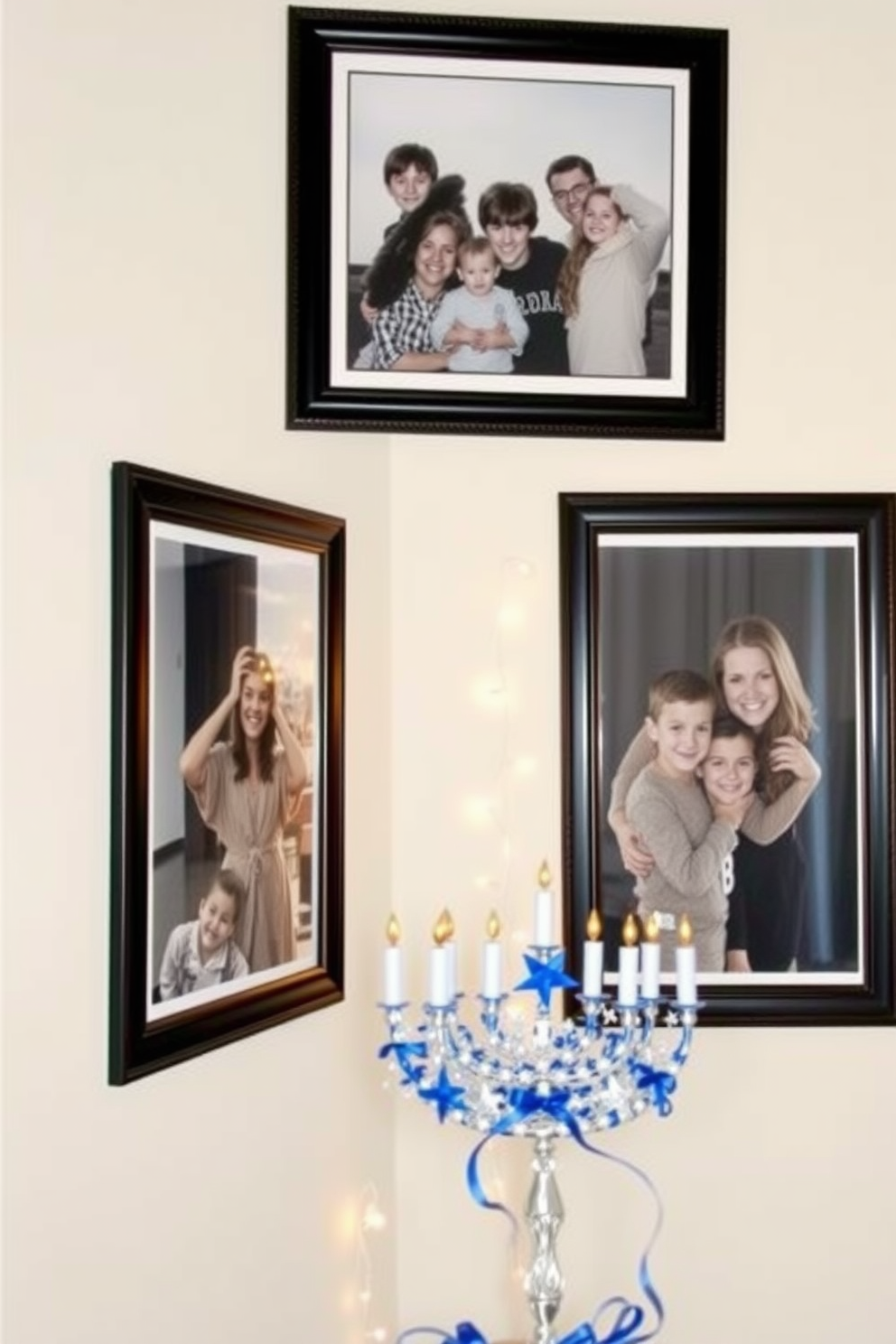 Create a cozy hallway setting adorned with seasonal scents. Place elegantly arranged candles and essential oil diffusers on a console table, surrounded by festive decorations. Incorporate Hanukkah-themed decor along the walls, such as blue and silver garlands. Add a menorah as a focal point on the table, complemented by decorative dreidels and star of David ornaments.