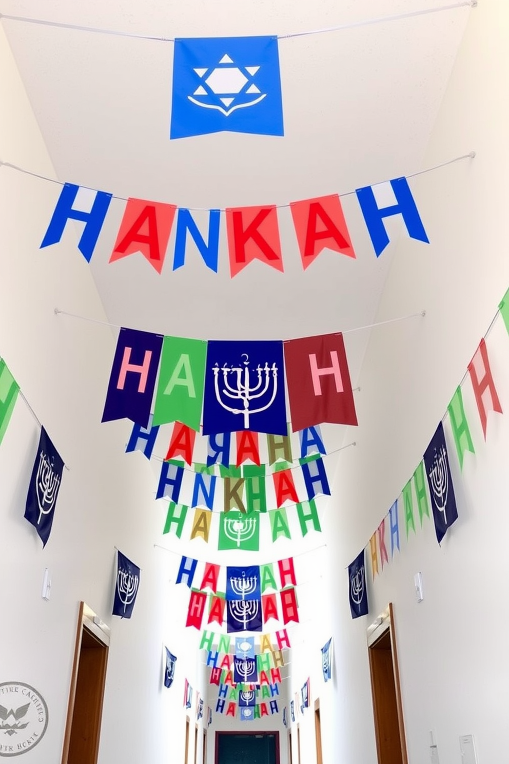 A vibrant hallway adorned with colorful Hanukkah banners strung across the ceiling. The walls are painted in a soft white, creating a bright backdrop for the festive decorations.