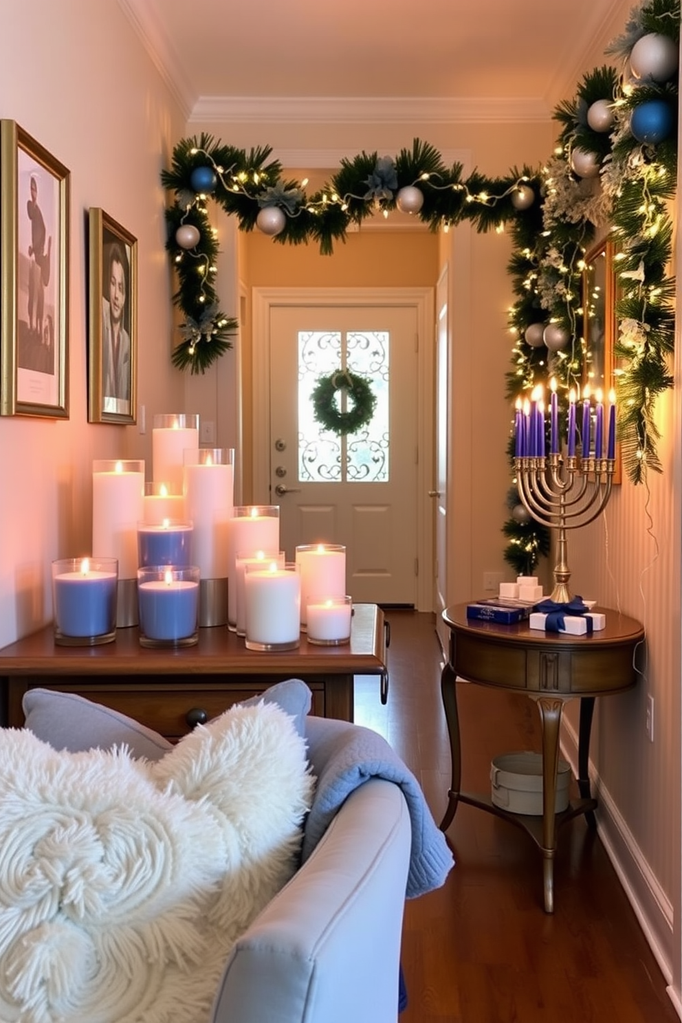 A collection of scented candles in various sizes and shapes is arranged on a wooden console table. The warm glow of the flames creates a cozy ambiance, complemented by plush throw pillows and a soft blanket on a nearby chair. The hallway is elegantly decorated for Hanukkah with blue and silver accents. A beautiful menorah sits on a side table, surrounded by festive garlands and twinkling string lights that enhance the celebratory atmosphere.