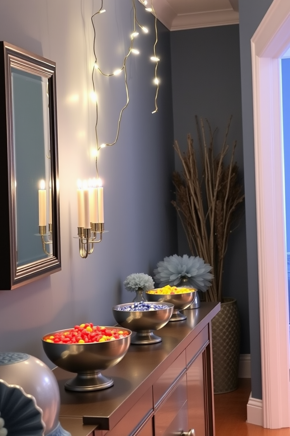 A festive hallway adorned for Hanukkah features decorative bowls filled with colorful gelt arranged along a console table. Soft blue and silver accents complement the warm glow of string lights that drape elegantly above, creating a welcoming atmosphere.