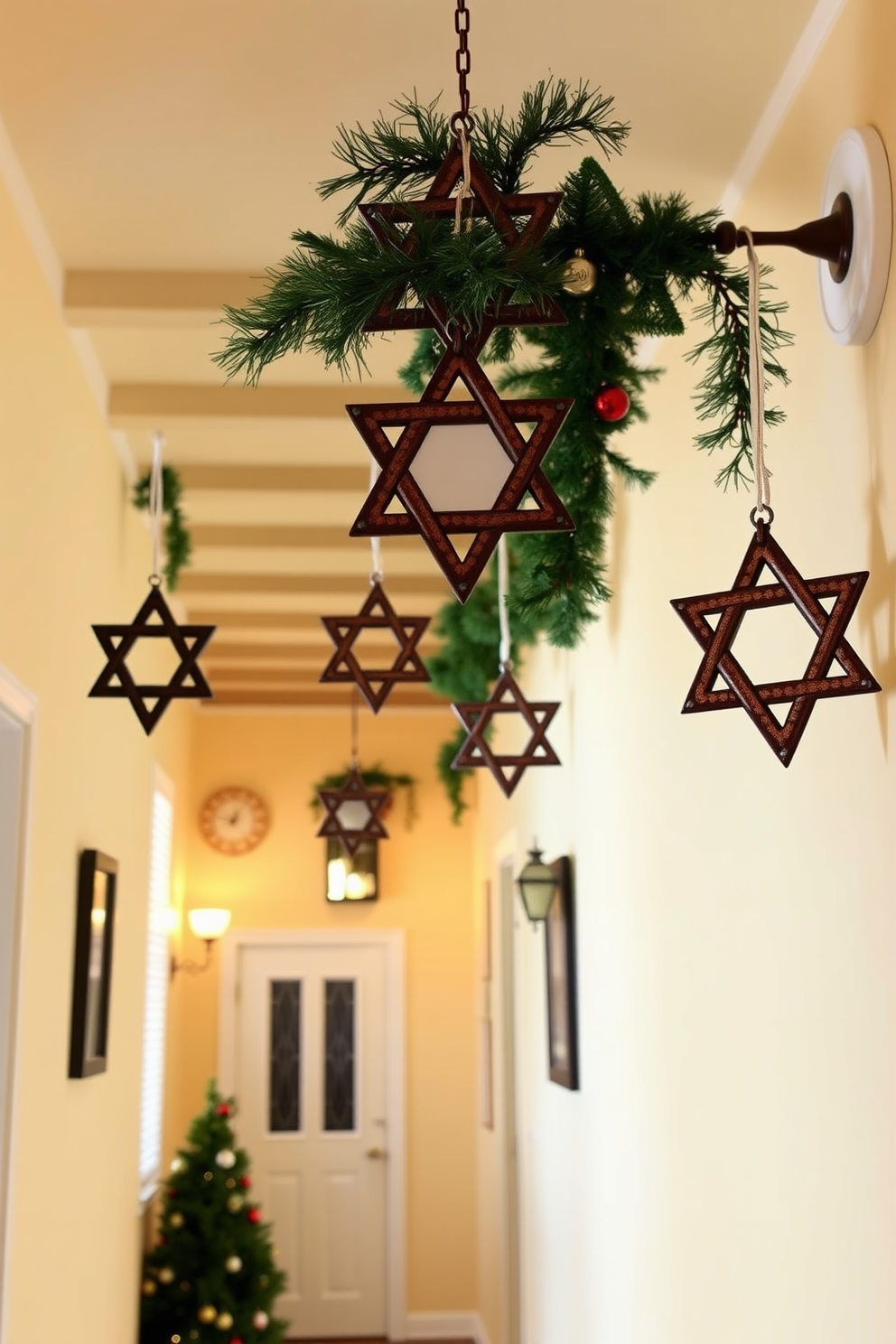 A warm and inviting hallway adorned with hanging star of David ornaments. The walls are painted in a soft cream color, creating a serene backdrop for the festive decorations.