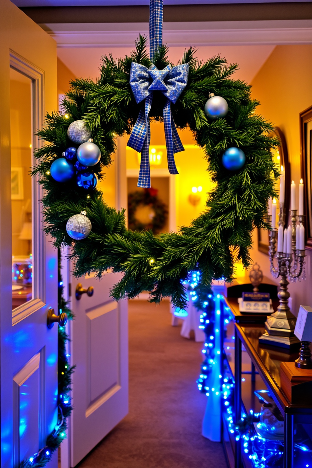 A hallway adorned with hanging paper lanterns in festive colors creates a vibrant and inviting atmosphere. The soft glow from the lanterns casts playful shadows on the walls, enhancing the joyful spirit of the Hanukkah celebration.