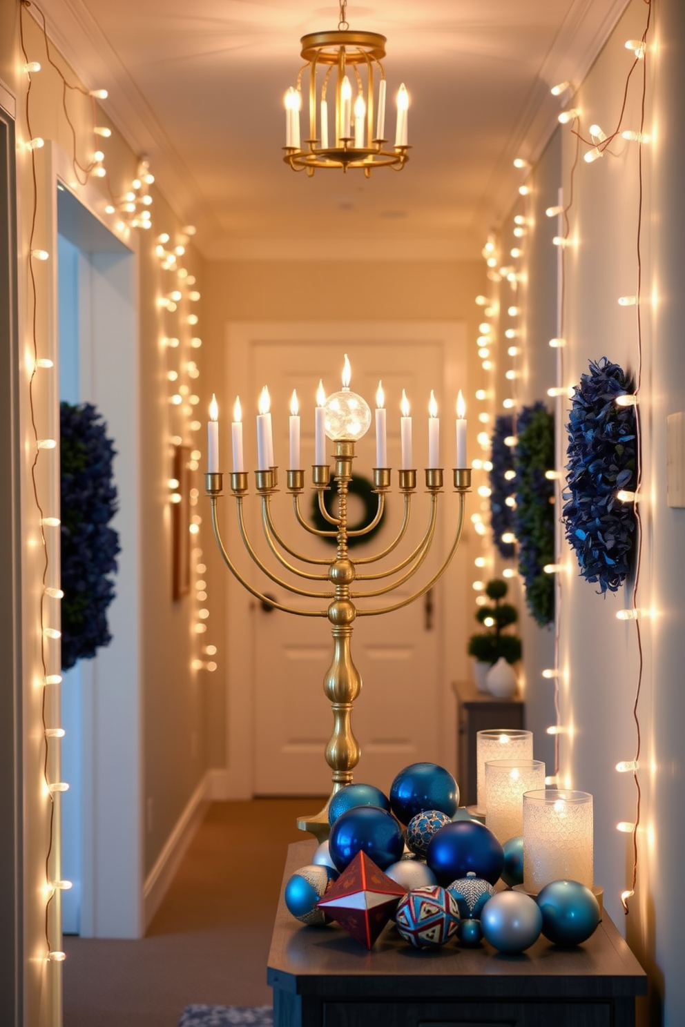 Artistic menorah as a focal piece. The hallway is adorned with festive decorations that celebrate the spirit of Hanukkah. Warm white string lights are draped along the walls, casting a soft glow. Colorful dreidels and blue and silver ornaments are tastefully arranged on a console table.