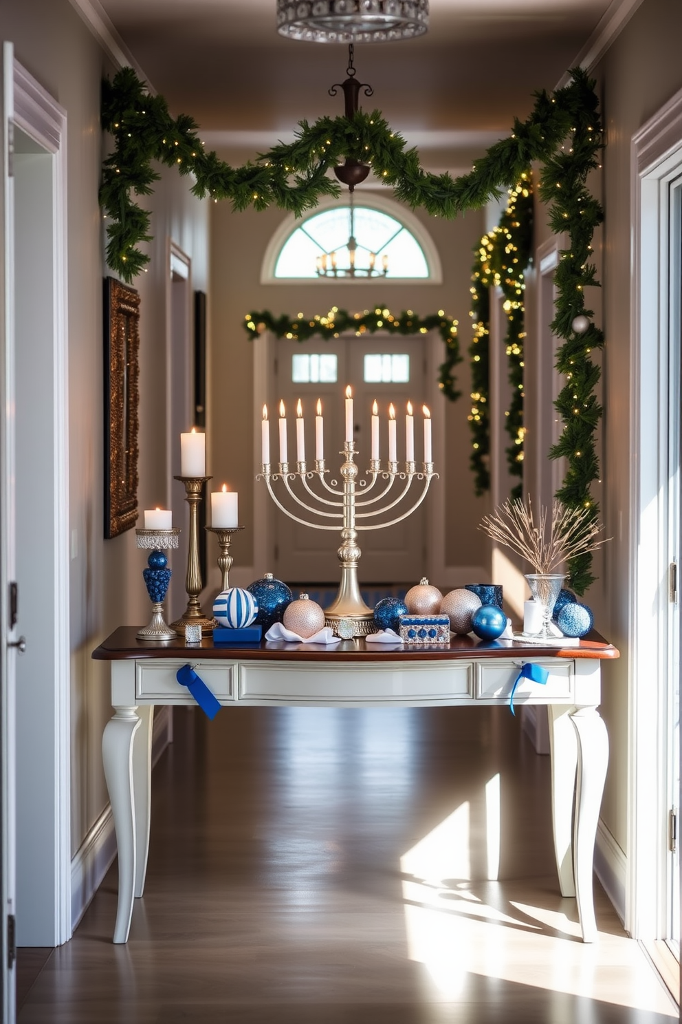 A beautifully arranged console table features a stunning menorah as the centerpiece, surrounded by decorative elements that evoke the spirit of Hanukkah. The table is adorned with elegant blue and silver accents, including candles and festive ornaments that create a warm and inviting atmosphere. The hallway leading to the console table is tastefully decorated with hanging garlands and twinkling lights, enhancing the festive ambiance. Soft, ambient lighting casts a gentle glow, highlighting the menorah display and inviting guests to appreciate the holiday spirit.