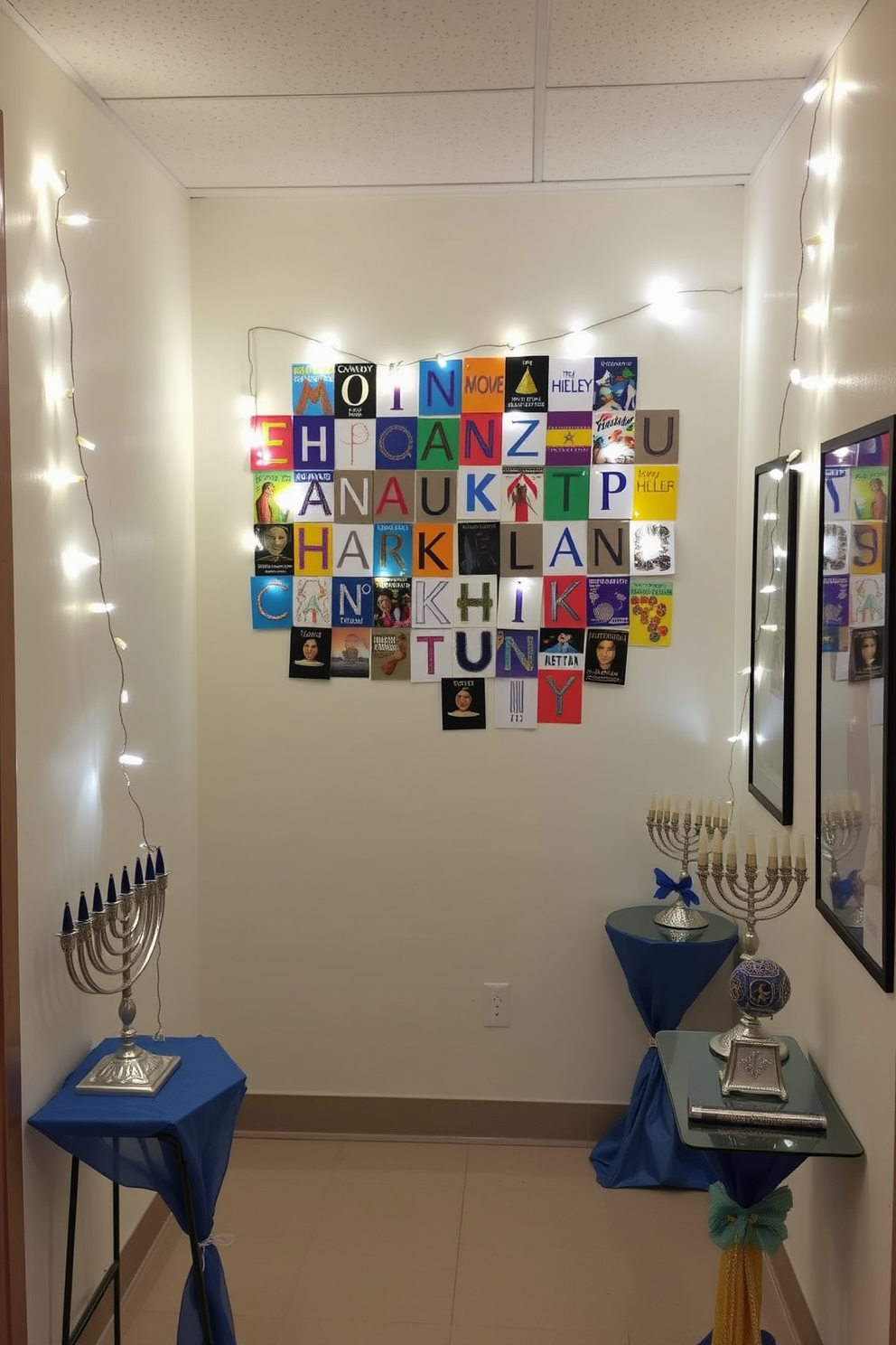 Decorative bowls filled with gelt are strategically placed on a sleek console table in the hallway. Soft white lights illuminate the space, creating a warm and inviting atmosphere for the Hanukkah celebration. Colorful garlands of dreidels and stars are draped along the walls, adding festive cheer to the hallway decor. A beautiful menorah stands prominently on the table, surrounded by candles ready to be lit for the festival.