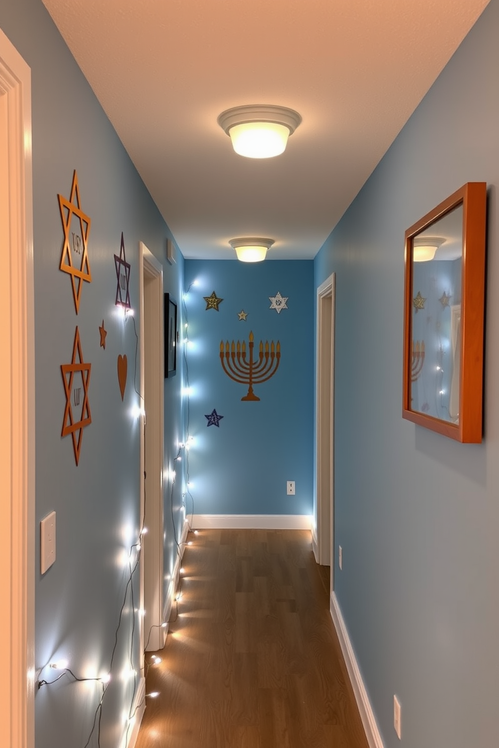 A cozy hallway adorned with string lights elegantly wrapped around the banisters. The warm glow of the lights enhances the festive ambiance, creating a welcoming atmosphere for Hanukkah celebrations.