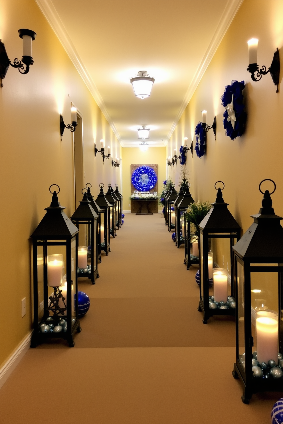 A warm and inviting hallway adorned with tabletop lanterns featuring flickering candles inside. The lanterns are arranged along the walls, casting a soft glow that enhances the festive Hanukkah decorations, including blue and silver accents throughout the space.