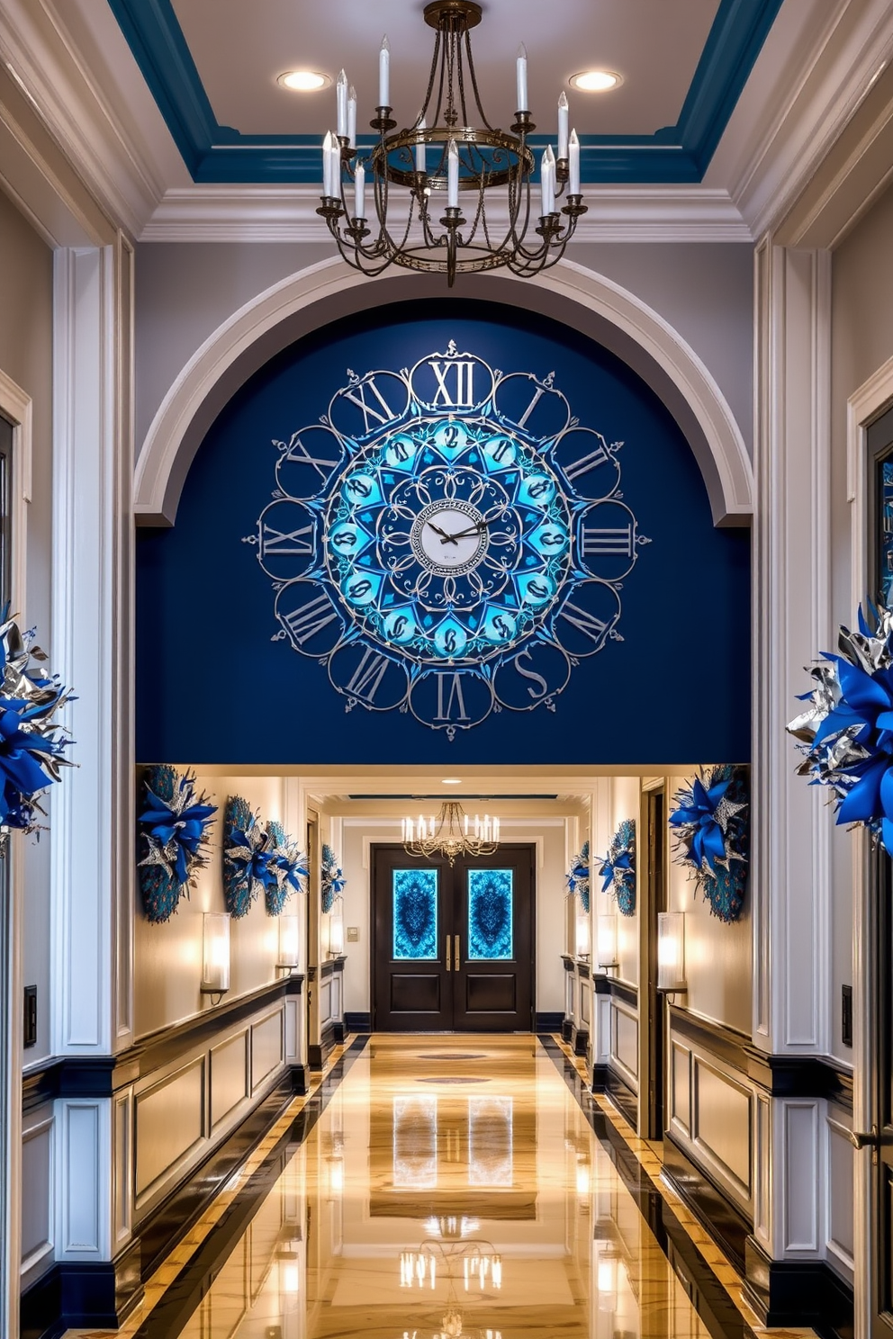 Seasonal artwork displayed on elegant easels lines the walls of a bright and airy hallway. The artwork features vibrant colors and themes that change with the seasons, creating a welcoming atmosphere. For Hanukkah, the hallway is adorned with beautiful blue and silver decorations. Subtle lighting highlights the artwork and decorations, enhancing the festive spirit of the space.