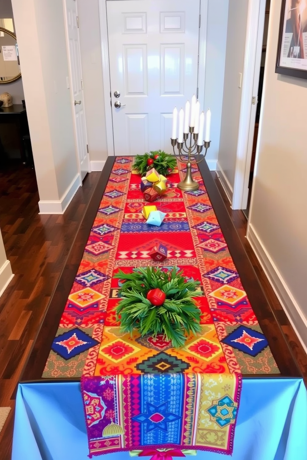 A festive runner adorns a long hallway table, showcasing vibrant colors and traditional patterns that celebrate the spirit of Hanukkah. The table is elegantly set with decorative menorahs, colorful dreidels, and a small arrangement of seasonal greenery, creating a warm and inviting atmosphere.