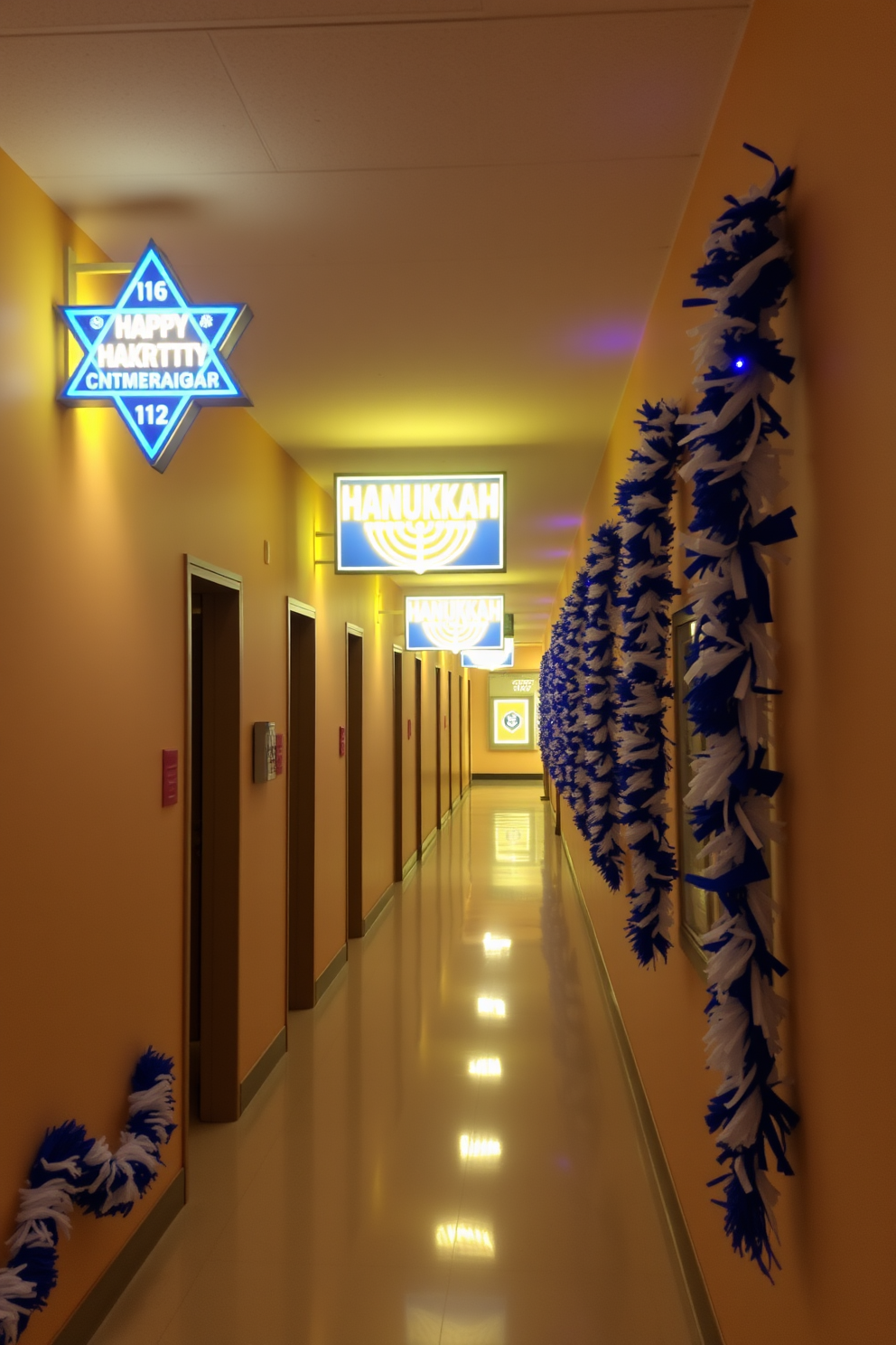 A hallway adorned with layered rugs in blue and white tones creates a serene and inviting atmosphere. The rugs add depth and texture, enhancing the overall aesthetic of the space. For Hanukkah decorating ideas, consider incorporating traditional symbols such as menorahs and dreidels into the decor. Soft lighting and festive colors can create a warm and celebratory ambiance throughout the hallway.