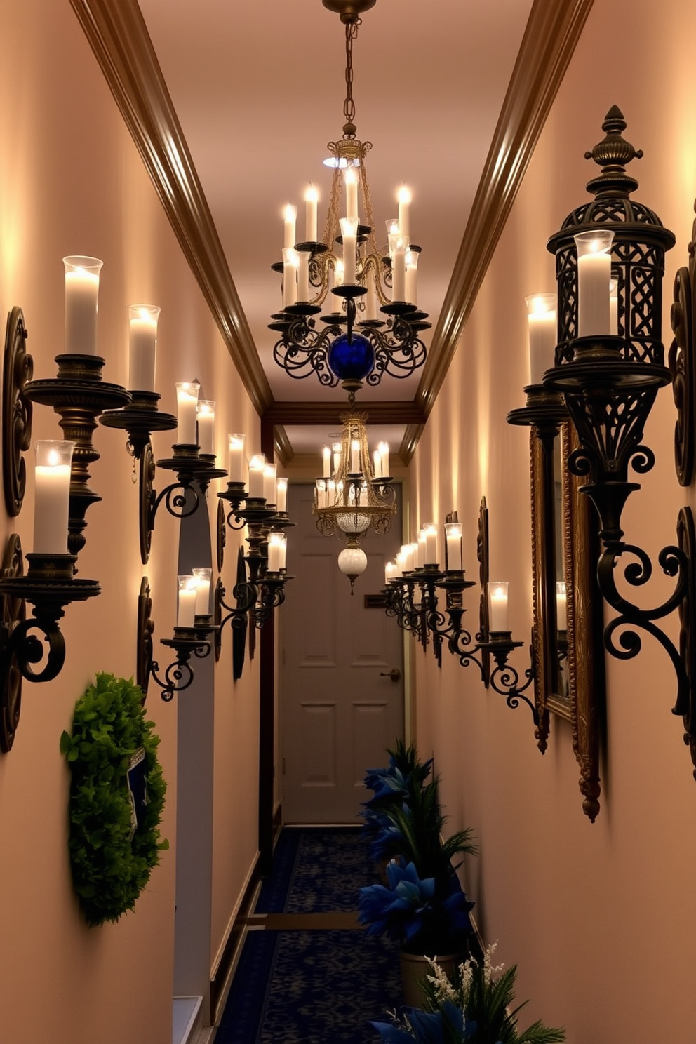 Ornate candle holders line the walls of a beautifully decorated hallway. The soft glow of flickering candles creates a warm and inviting atmosphere, enhancing the festive spirit of Hanukkah. Each candle holder features intricate designs and rich materials, adding elegance to the space. Decorative elements such as blue and silver accents complement the overall theme, making the hallway a stunning focal point for holiday celebrations.