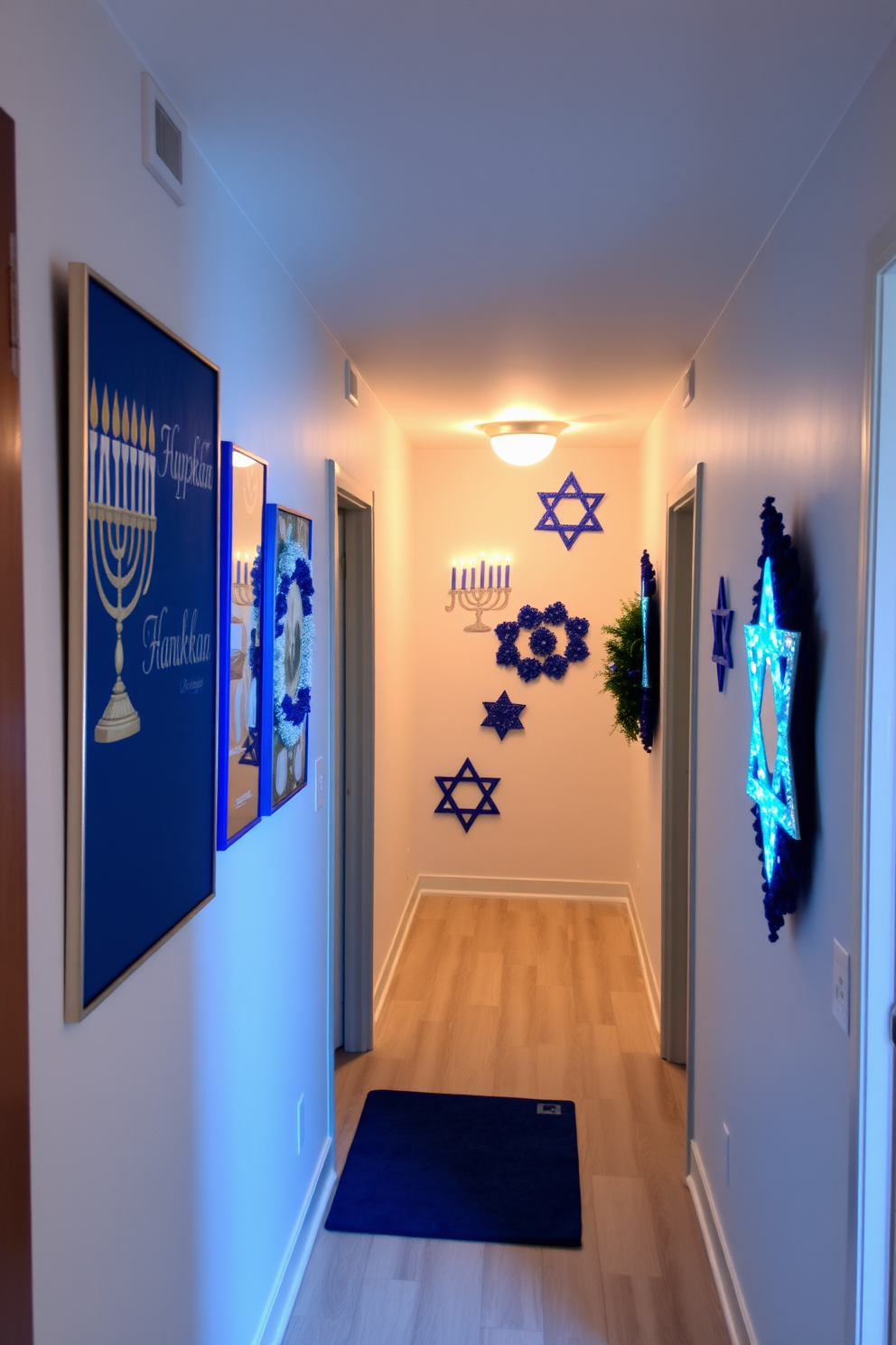 A cozy hallway adorned with seasonal artwork reflecting the spirit of Hanukkah. The walls are decorated with blue and silver accents, featuring menorah-themed art pieces and vibrant star of David decorations.