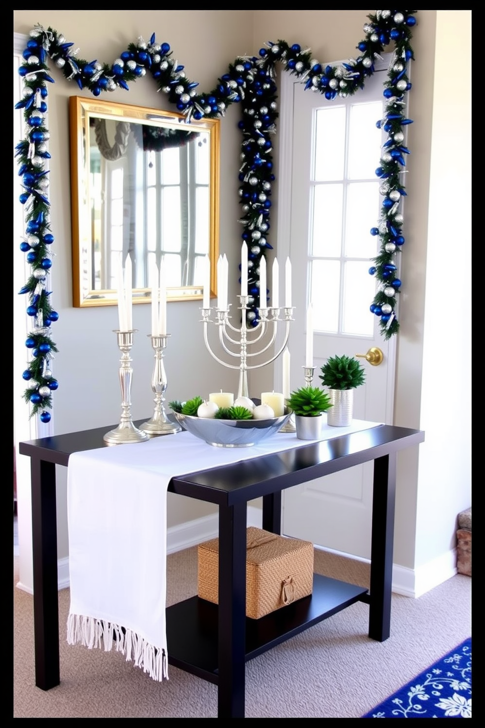 Elegant table settings for hallway console. A sleek black console table adorned with a white table runner, showcasing a collection of silver candlesticks and a decorative bowl filled with seasonal ornaments. Hallway Hanukkah Decorating Ideas. The walls are draped with blue and silver garlands, while a menorah sits prominently on the console, surrounded by festive candles and small potted plants for a touch of greenery.