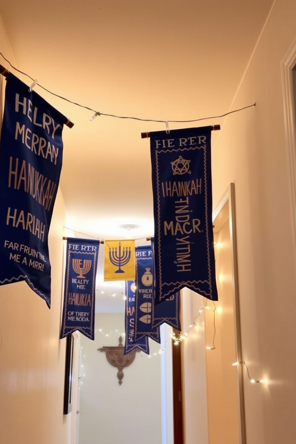 A cozy hallway adorned with faux fur accents. Soft faux fur rugs line the floor, while plush faux fur throw pillows are arranged on a sleek bench against the wall. Festive decorations for Hanukkah create a warm atmosphere. A beautiful menorah sits on a table, surrounded by blue and silver ornaments that reflect the holiday spirit.