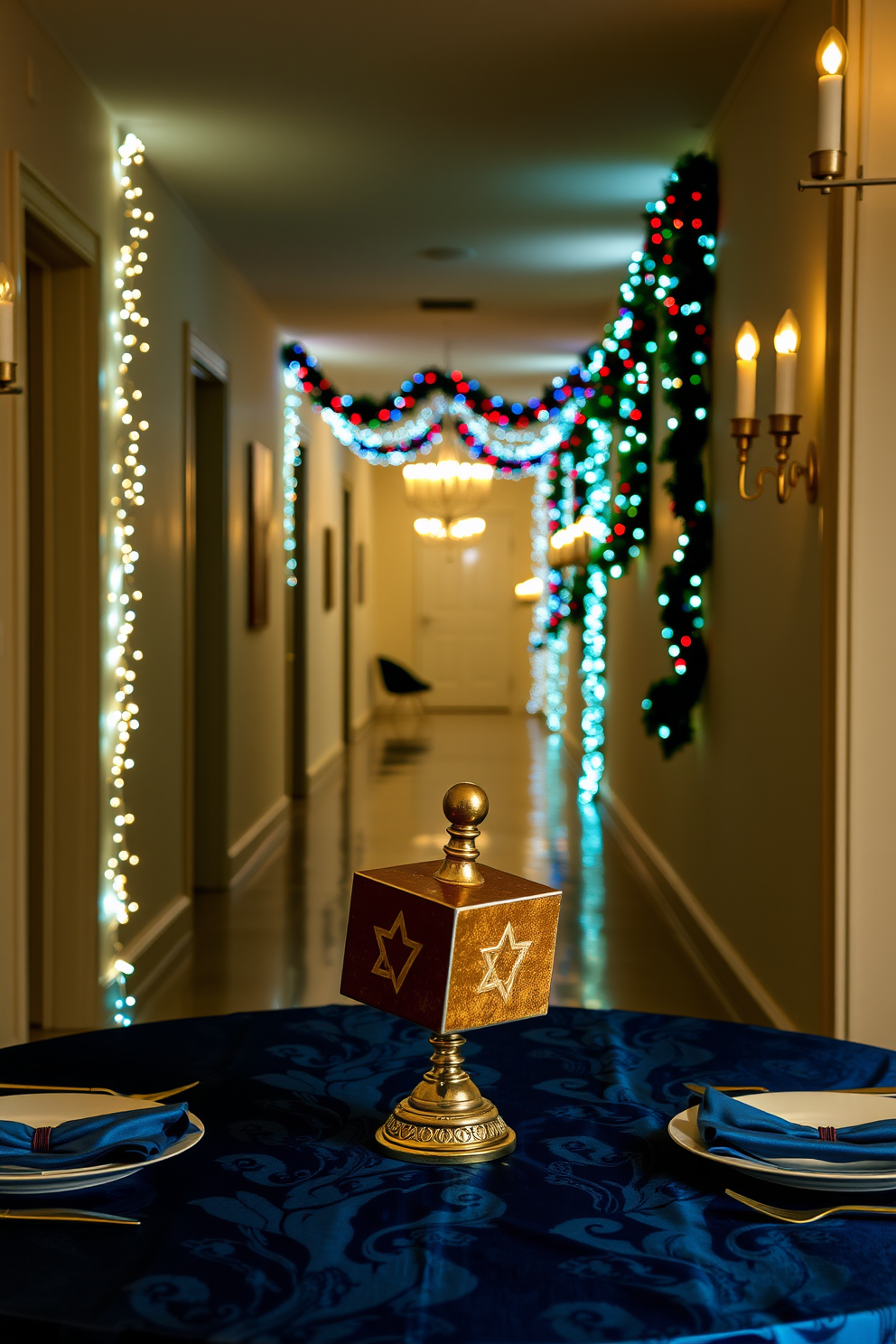 A decorative dreidel centerpiece is elegantly placed on a beautifully set table. The tablecloth features rich blue and silver tones, enhancing the festive atmosphere of Hanukkah. The hallway is adorned with twinkling string lights and vibrant garlands. Traditional menorah candles are strategically positioned along the walls, creating a warm and inviting ambiance.