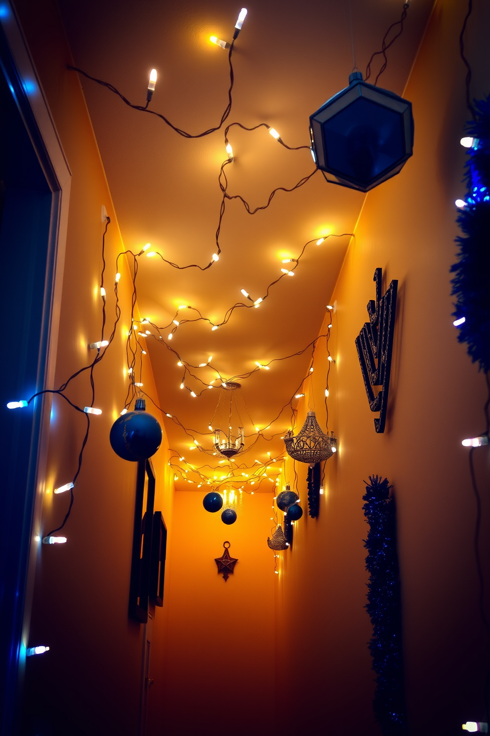 A warm and inviting hallway adorned with festive garlands featuring the Star of David. The garlands are draped elegantly along the walls, complemented by soft white lights that create a cozy atmosphere.