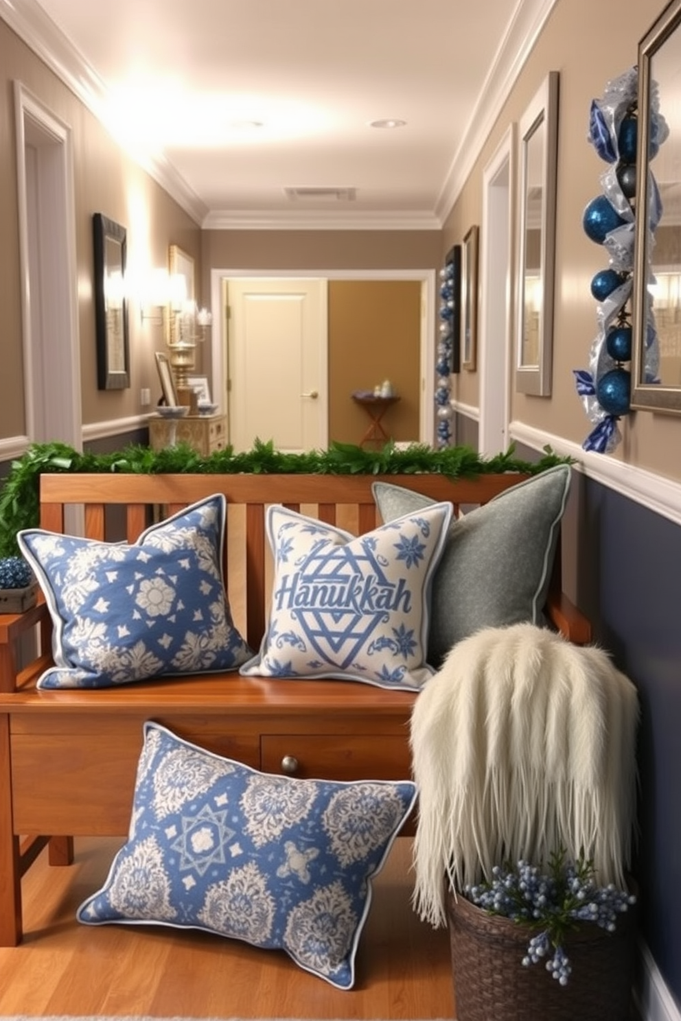 Traditional Hanukkah pillows are arranged on a cozy wooden bench, adding a festive touch to the space. The bench is positioned in a well-lit hallway adorned with subtle blue and silver decorations, creating a warm and inviting atmosphere. The walls are decorated with elegant Hanukkah-themed artwork, enhancing the holiday spirit. Soft lighting illuminates the area, highlighting the intricate designs of the pillows and the charm of the hallway decor.