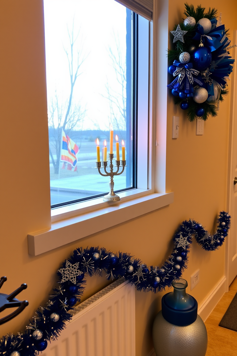 A beautifully arranged table features a table runner adorned with elegant menorah motifs. The soft glow of candles complements the festive decor, creating a warm and inviting atmosphere for Hanukkah celebrations. The hallway is tastefully decorated with subtle touches of blue and silver, reflecting the spirit of the holiday. Festive garlands and twinkling lights enhance the charm of the space, welcoming guests with holiday cheer.