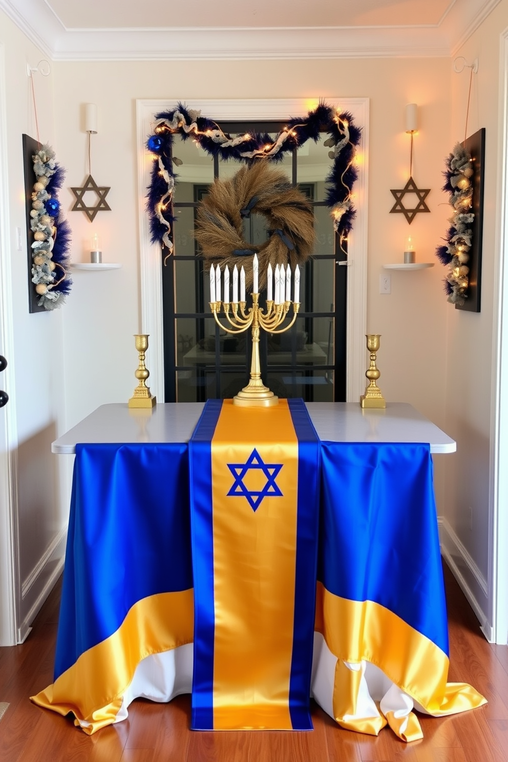 A stylish hallway decorated for Hanukkah features a blue and gold table runner elegantly draped over a console table. The walls are adorned with festive decorations, including star of David ornaments and twinkling lights, creating a warm and inviting atmosphere.