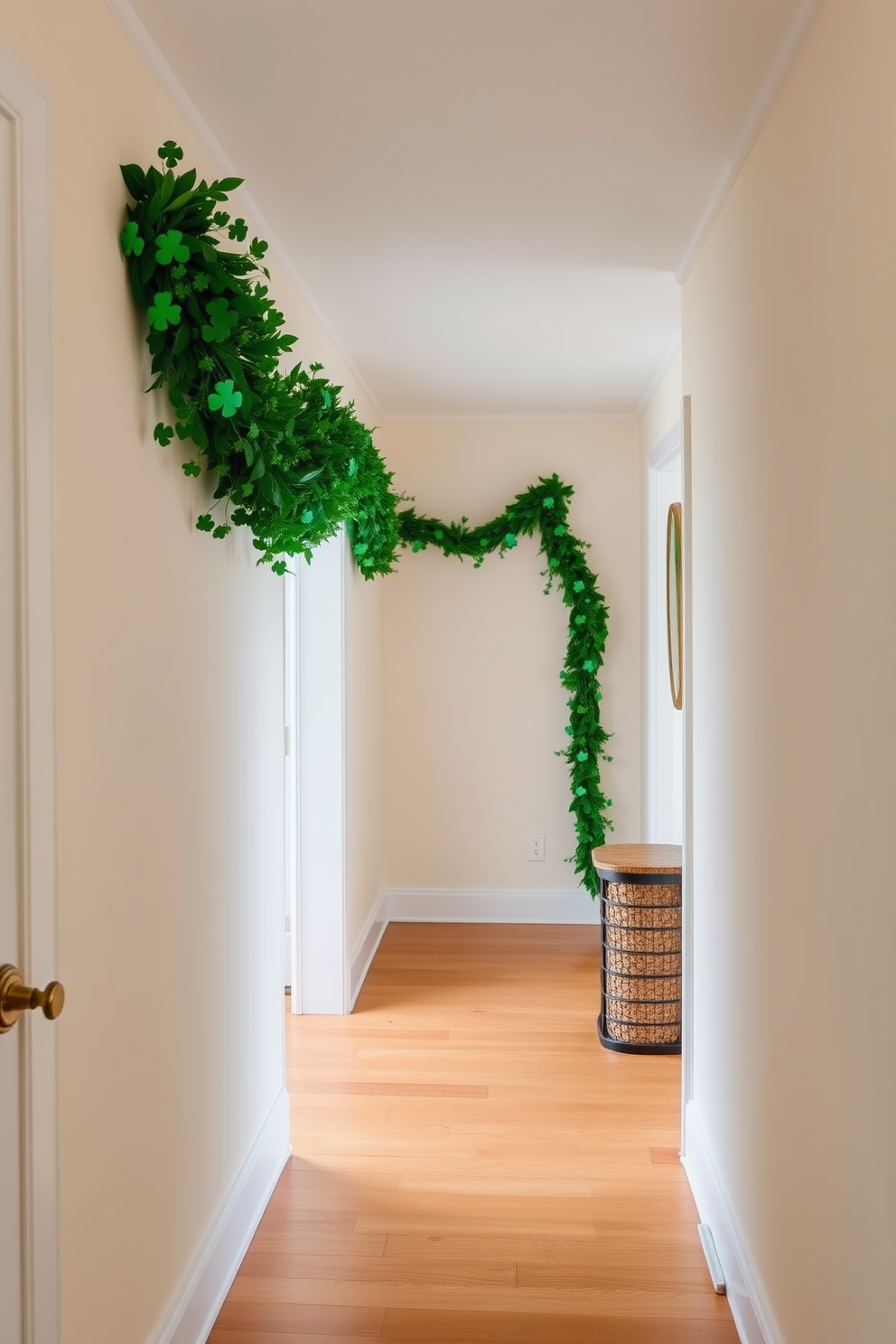 A charming hallway adorned with a lush green garland featuring delicate shamrock accents. The walls are painted in a soft cream color, and the floor is lined with warm wooden planks, creating a welcoming atmosphere for St. Patrick's Day celebrations.