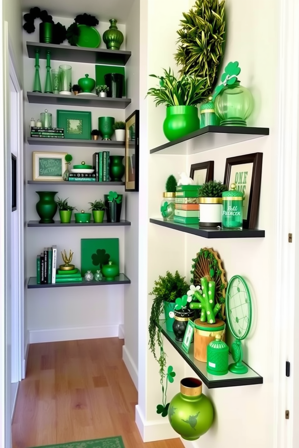 A hallway adorned with wall-mounted shelves displaying an array of green decor items. The shelves are filled with potted plants, decorative books, and festive St. Patrick's Day accents, creating a vibrant and inviting atmosphere.