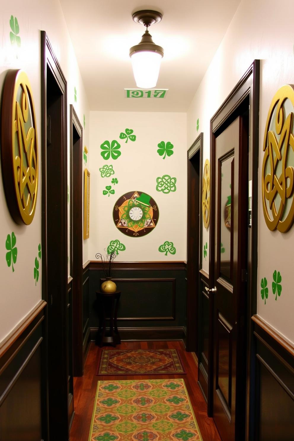 A charming hallway adorned with vintage Irish postcards that celebrate St. Patrick's Day. The postcards are arranged in a gallery style on a rustic wooden wall, creating a nostalgic and festive atmosphere.