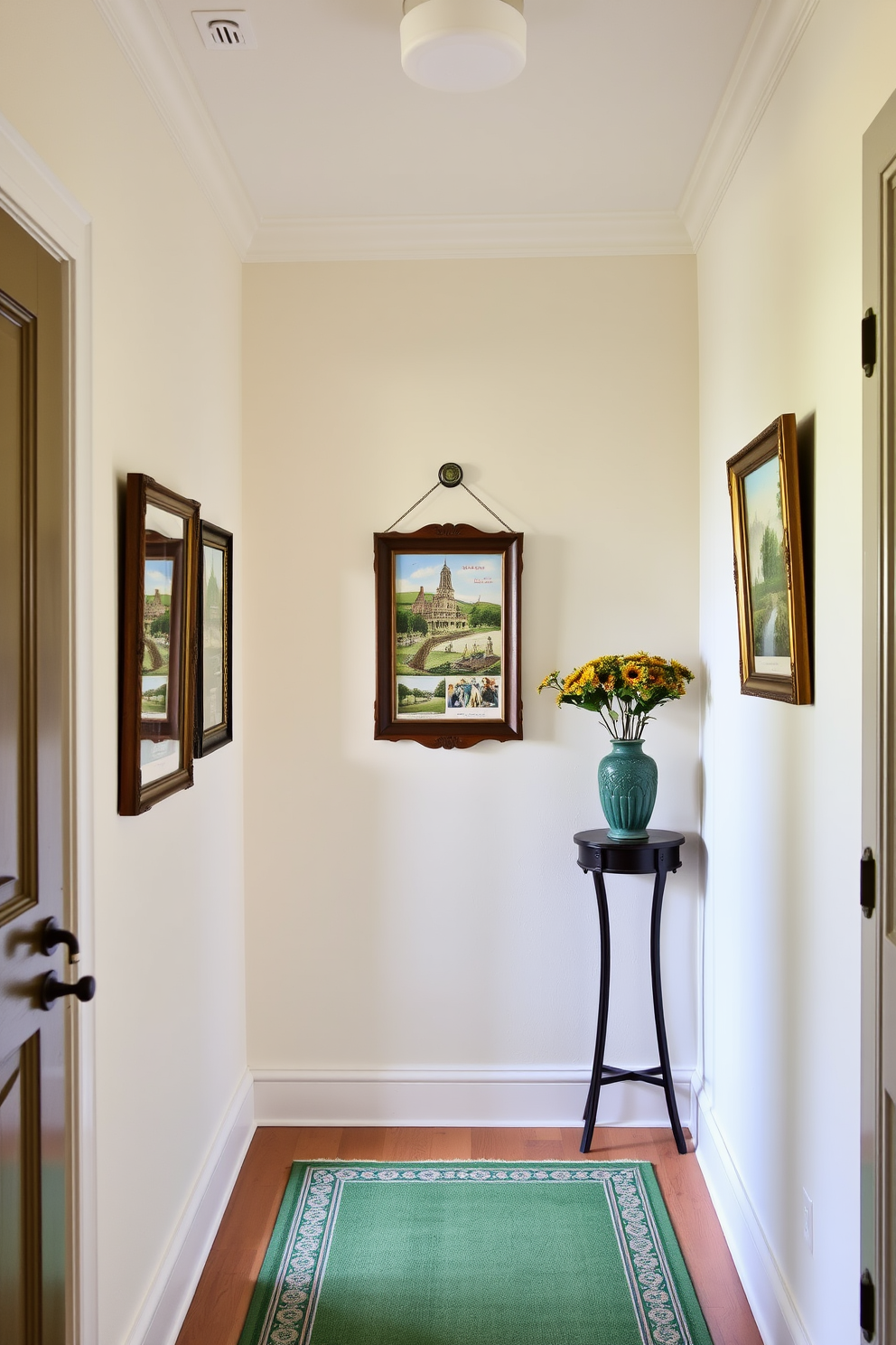 A charming hallway adorned with vintage Irish postcards displayed in elegant wooden frames. The walls are painted in a soft cream color, and a subtle green runner rug adds a festive touch for St. Patrick's Day.