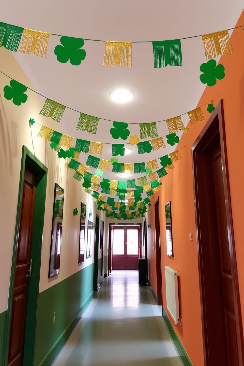 A vibrant hallway adorned with festive bunting in shades of green and gold. The bunting is strung across the ceiling, creating a cheerful atmosphere for St. Patrick's Day celebrations.