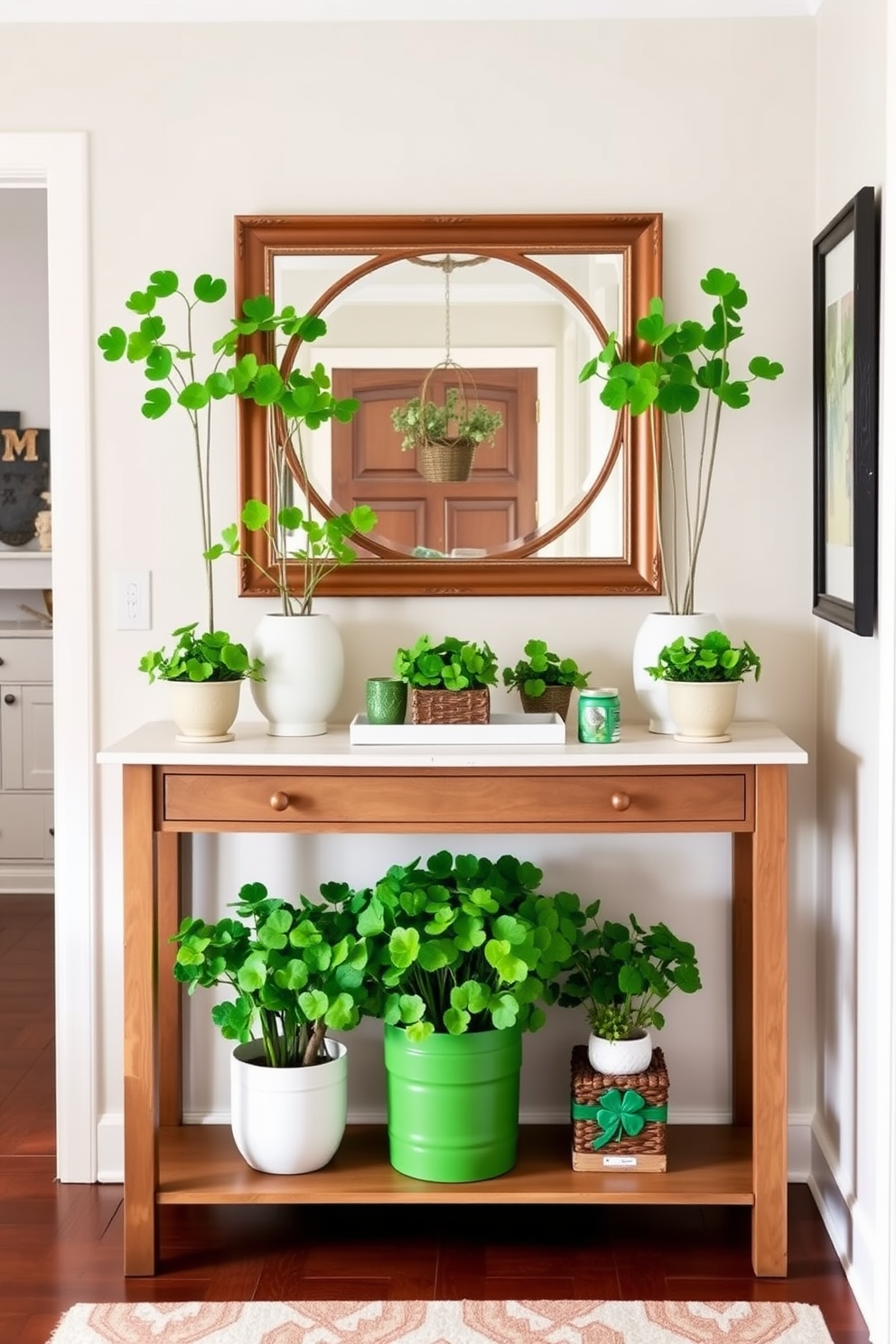 Celtic knot decorations in elegant frames adorn the walls of a well-lit hallway. The frames are crafted from dark wood, adding warmth to the space while showcasing intricate knot designs in vibrant green and gold hues. For St. Patrick's Day, the hallway is enhanced with subtle festive touches. Soft green garlands drape along the edges, and small potted shamrocks are placed on a console table, creating a welcoming atmosphere.