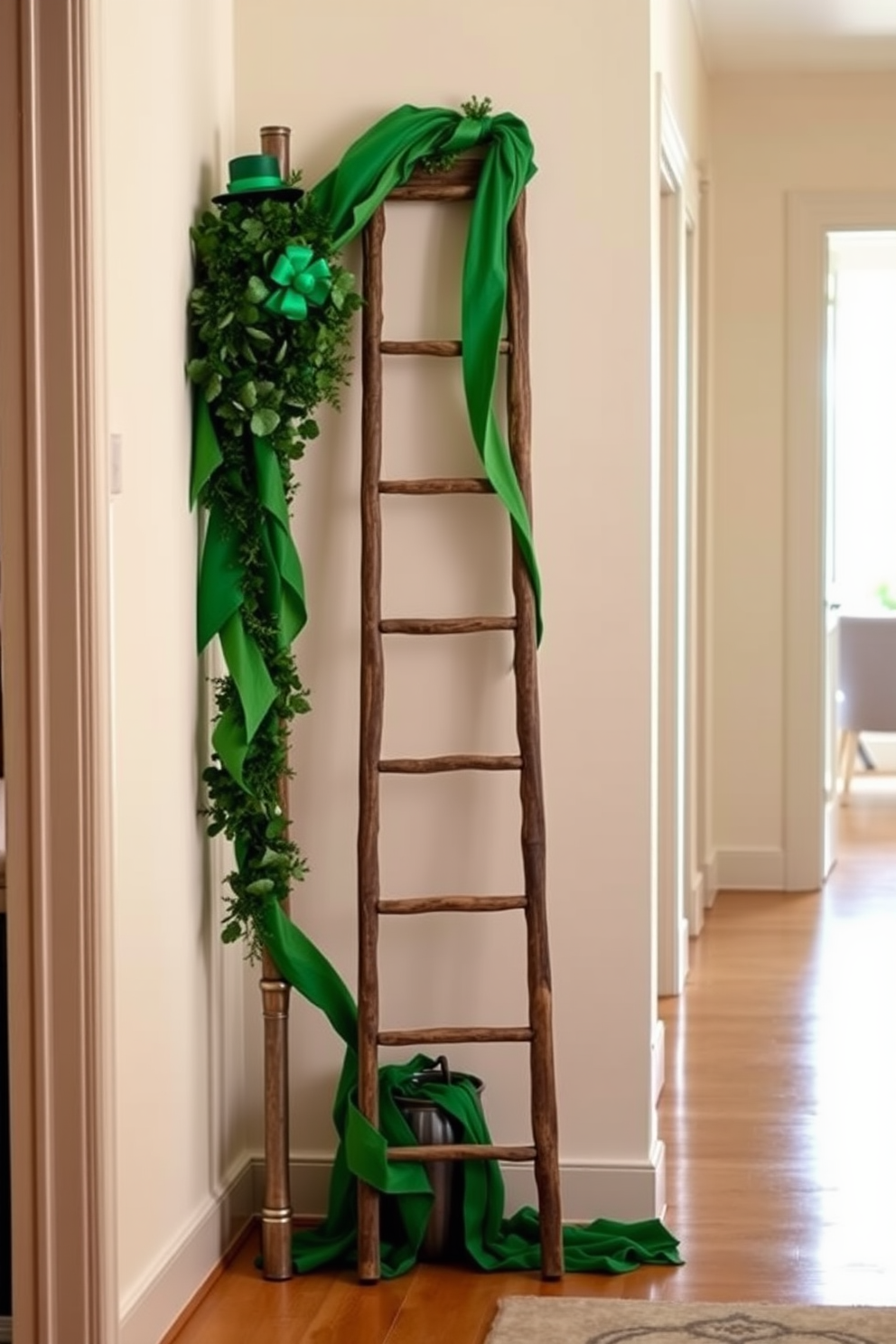 A charming doorway arch adorned with vibrant green balloons creates a festive atmosphere. The archway leads into a hallway decorated with cheerful St. Patrick's Day motifs, including shamrocks and twinkling lights.