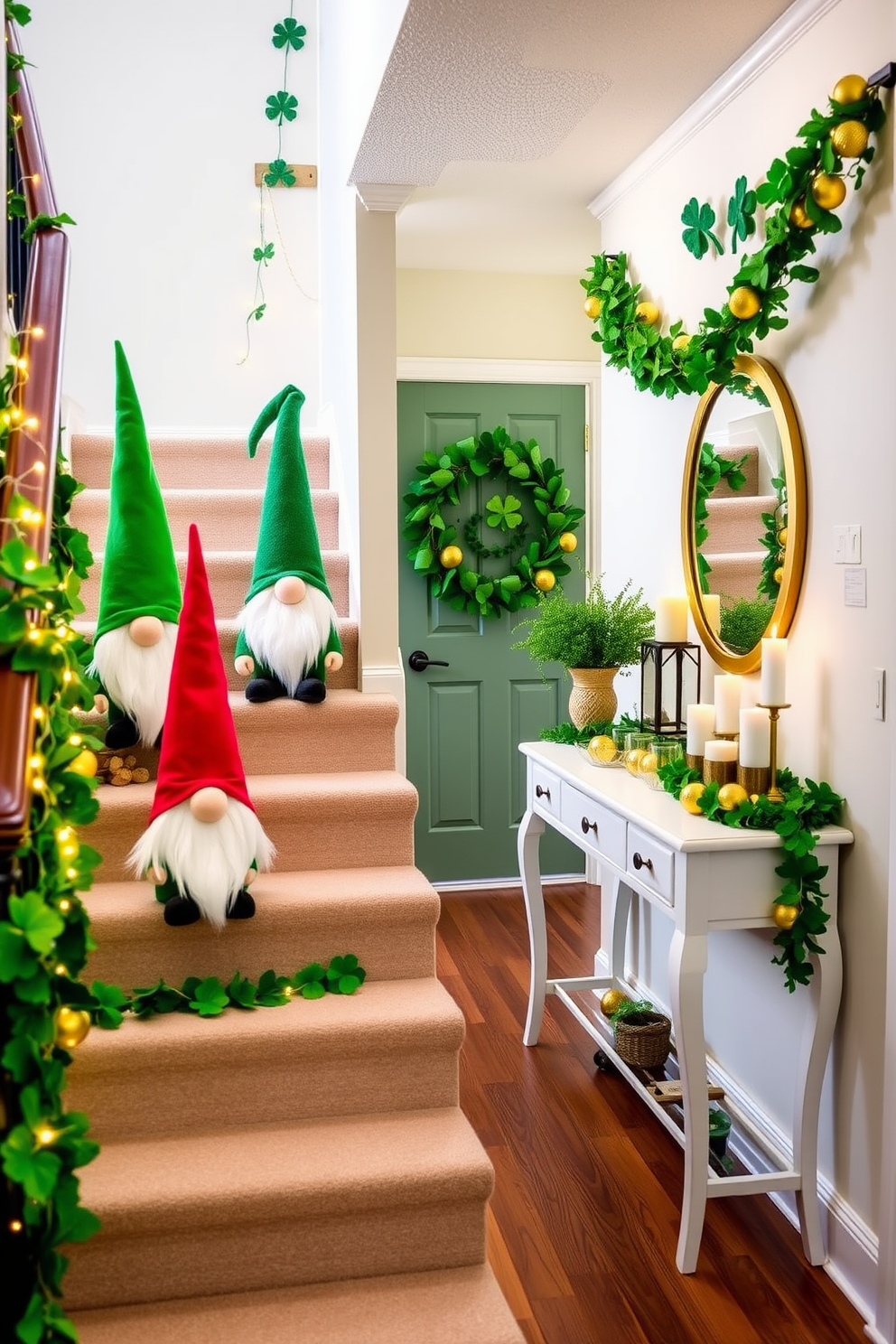 Create a whimsical scene featuring DIY gnome figures placed on the stairs. The gnomes are colorful and playful, surrounded by green shamrocks and twinkling fairy lights for a festive St. Patrick's Day ambiance. Design a charming hallway adorned with St. Patrick's Day decorations. The walls are lined with green and gold accents, and a garland of shamrocks hangs above a console table, which is topped with candles and small pots of gold.