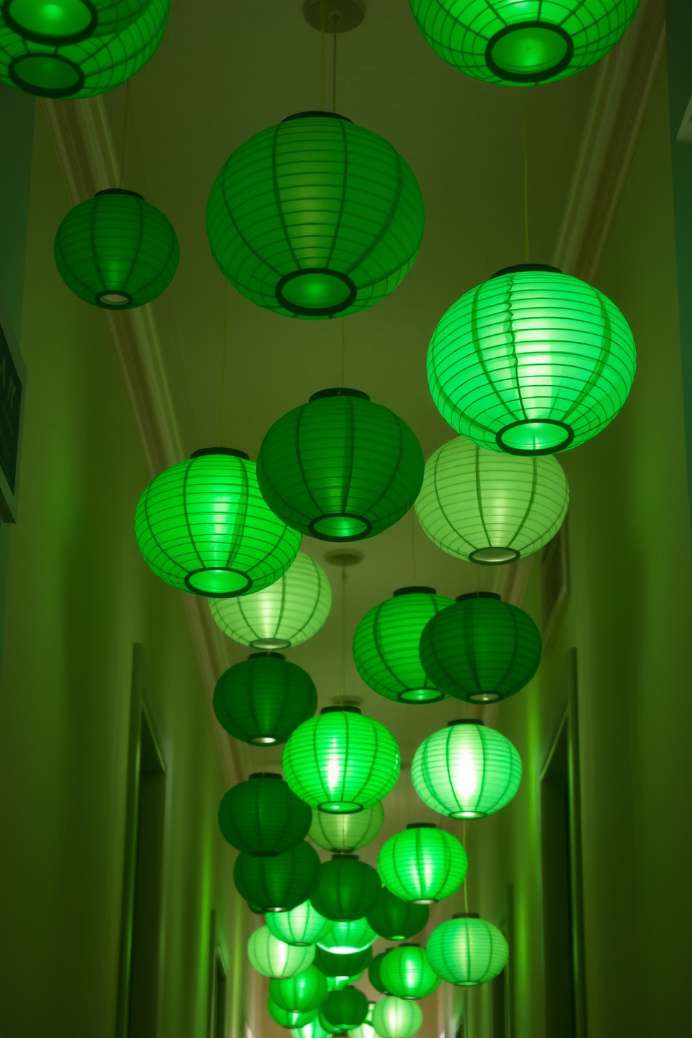 A charming hallway adorned with hanging paper lanterns in various shades of green. The lanterns are suspended from the ceiling, creating a festive atmosphere for St. Patrick's Day celebrations.