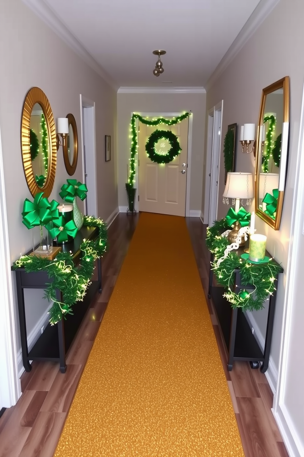 A festive hallway adorned with gold glittery table runners stretches down the center. The runners elegantly drape over a long console table, complemented by green and white St. Patrick's Day decorations, including shamrocks and sparkling fairy lights.